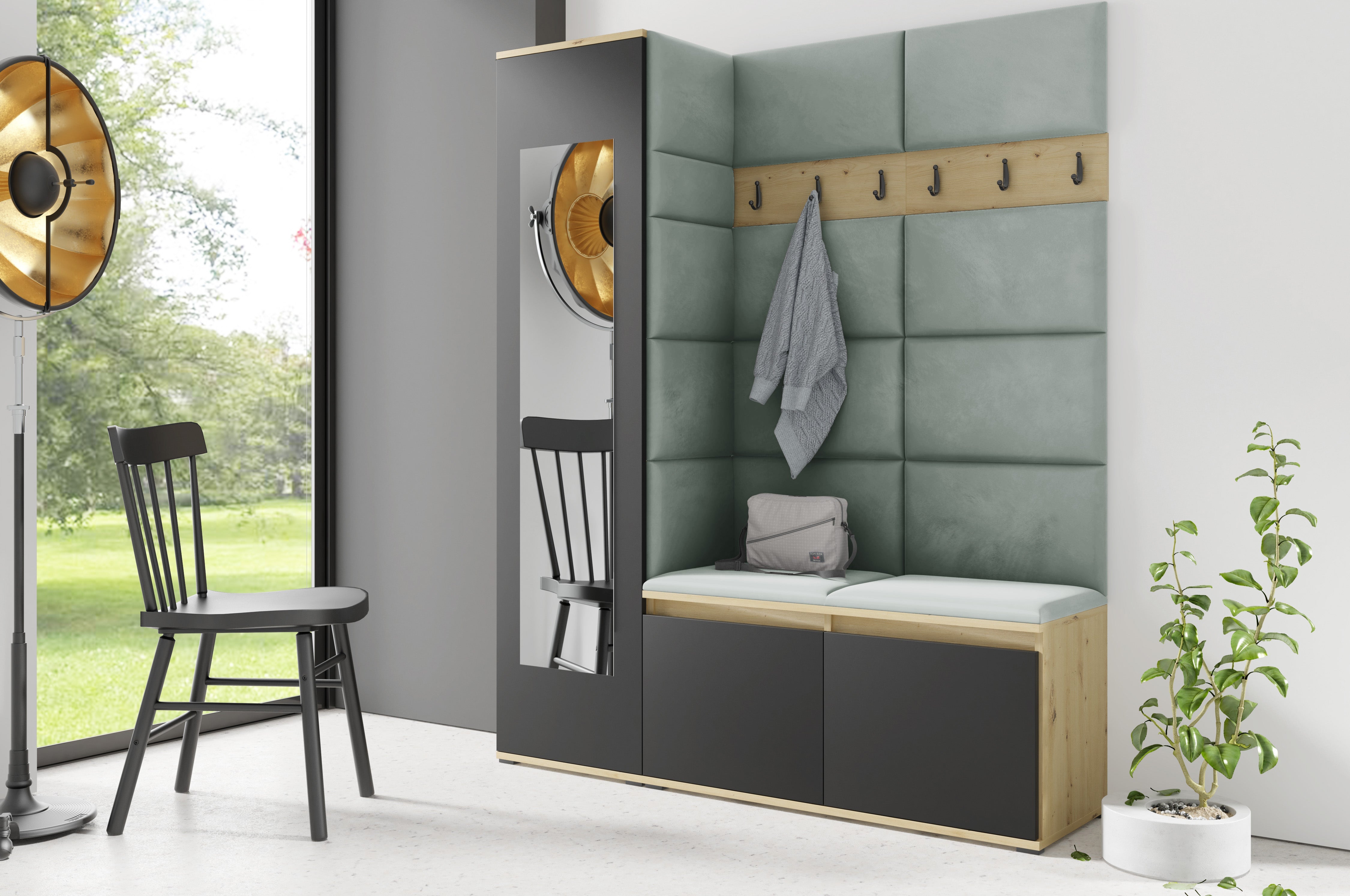 PK Emi 14 Hallway Wardrobe Artisan Oak / Black - Upholstered Panels in Various Colours