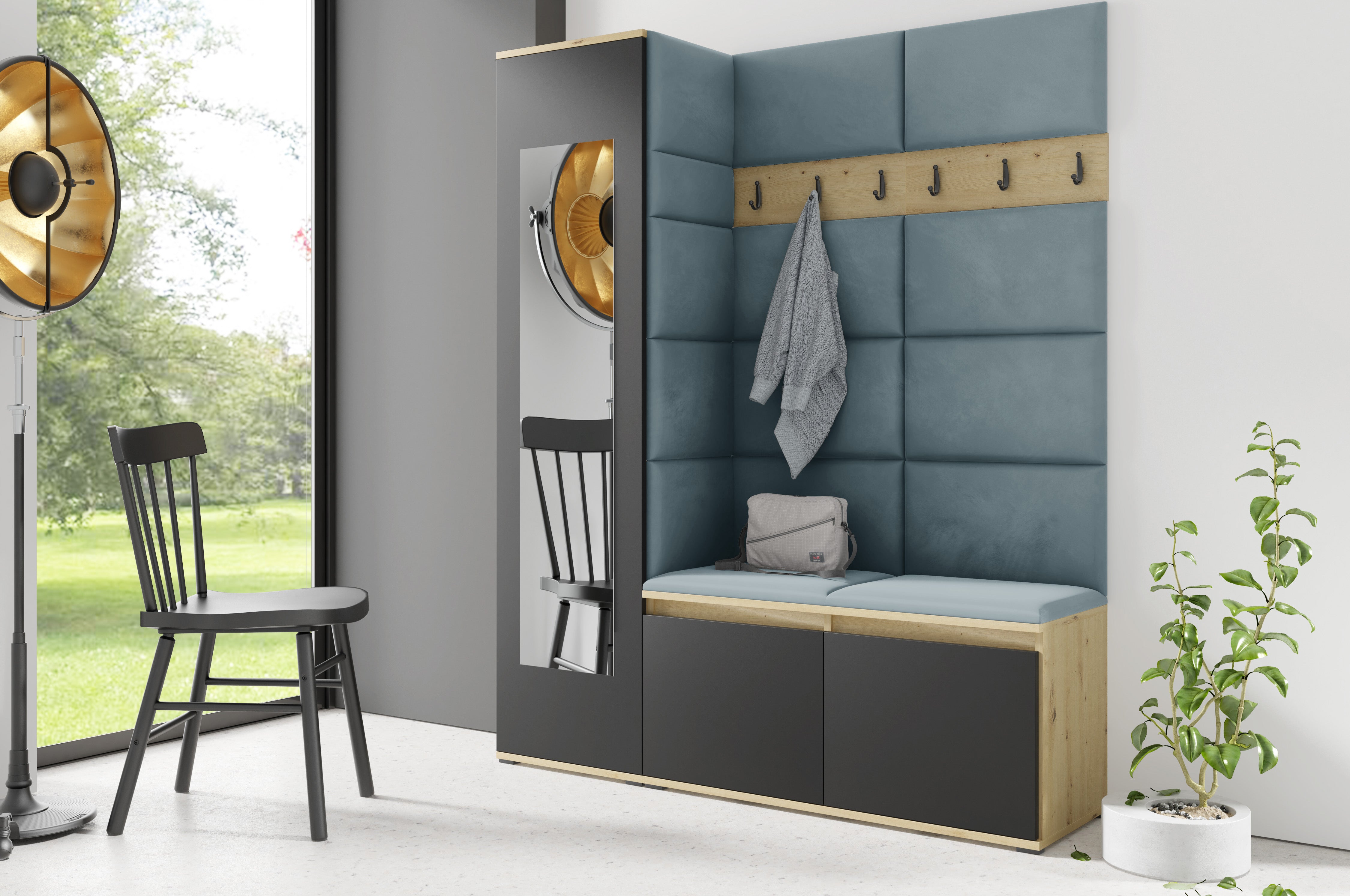 PK Emi 14 Hallway Wardrobe Artisan Oak / Black - Upholstered Panels in Various Colours