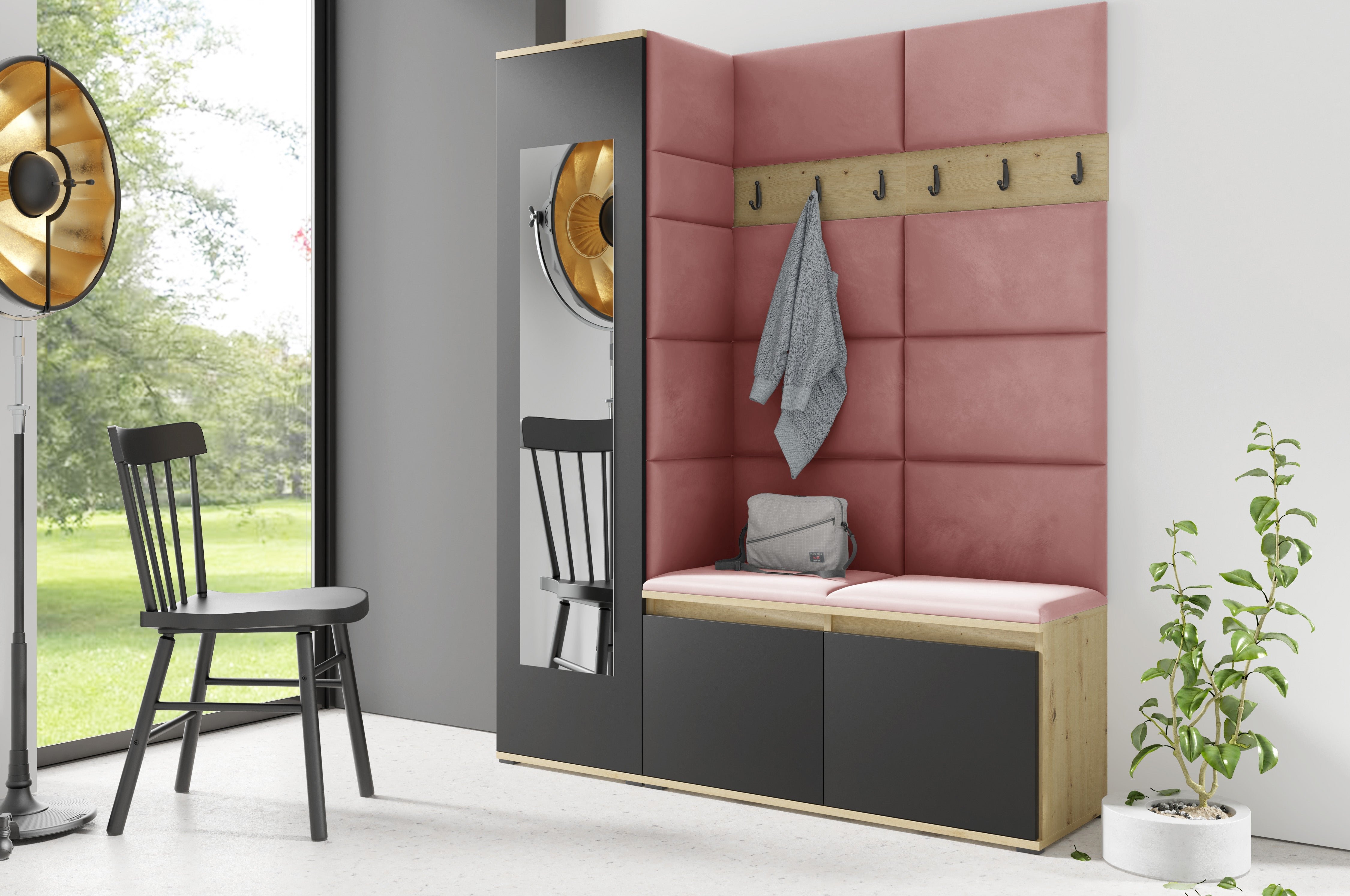 PK Emi 14 Hallway Wardrobe Artisan Oak / Black - Upholstered Panels in Various Colours