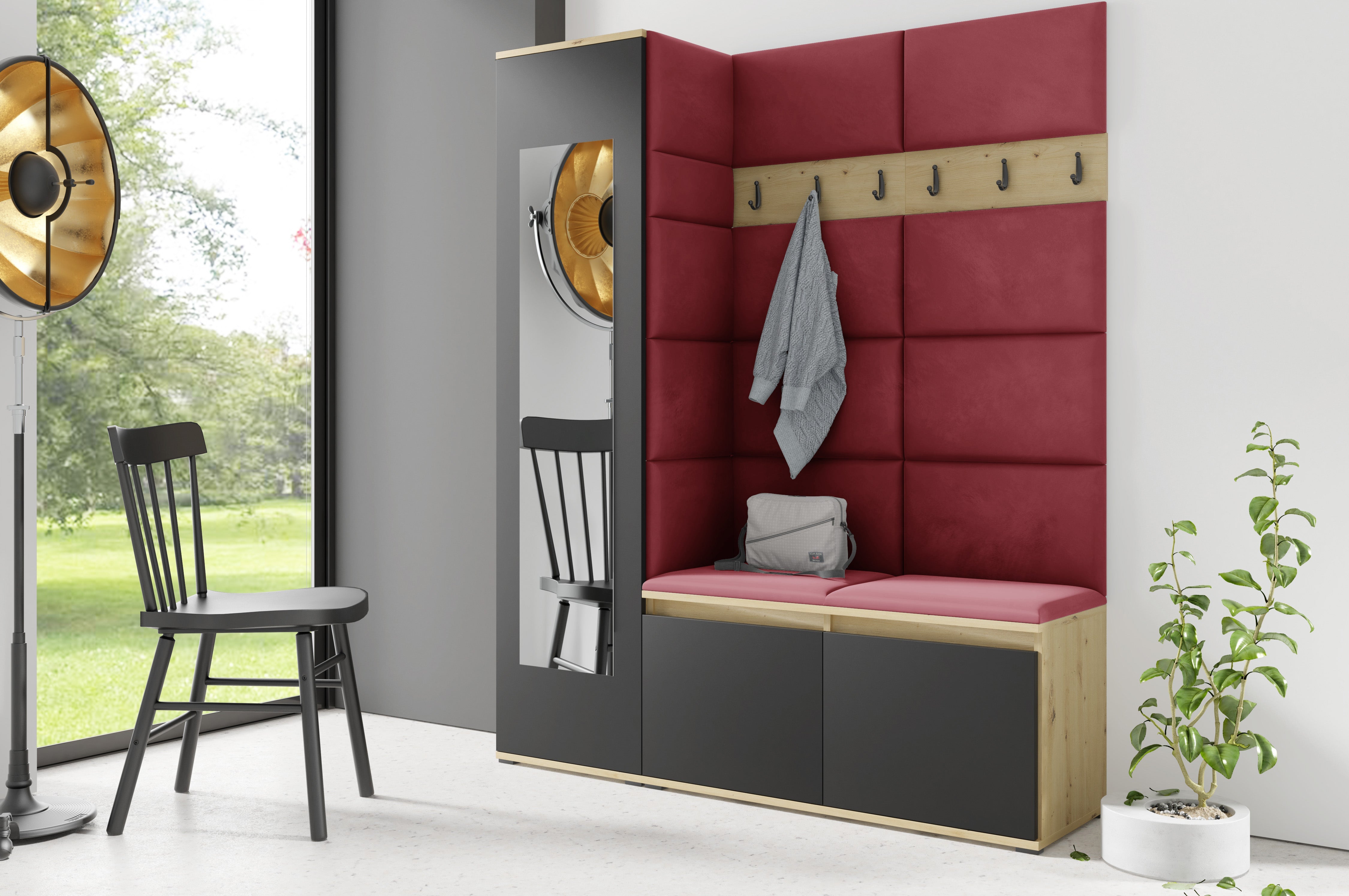 PK Emi 14 Hallway Wardrobe Artisan Oak / Black - Upholstered Panels in Various Colours
