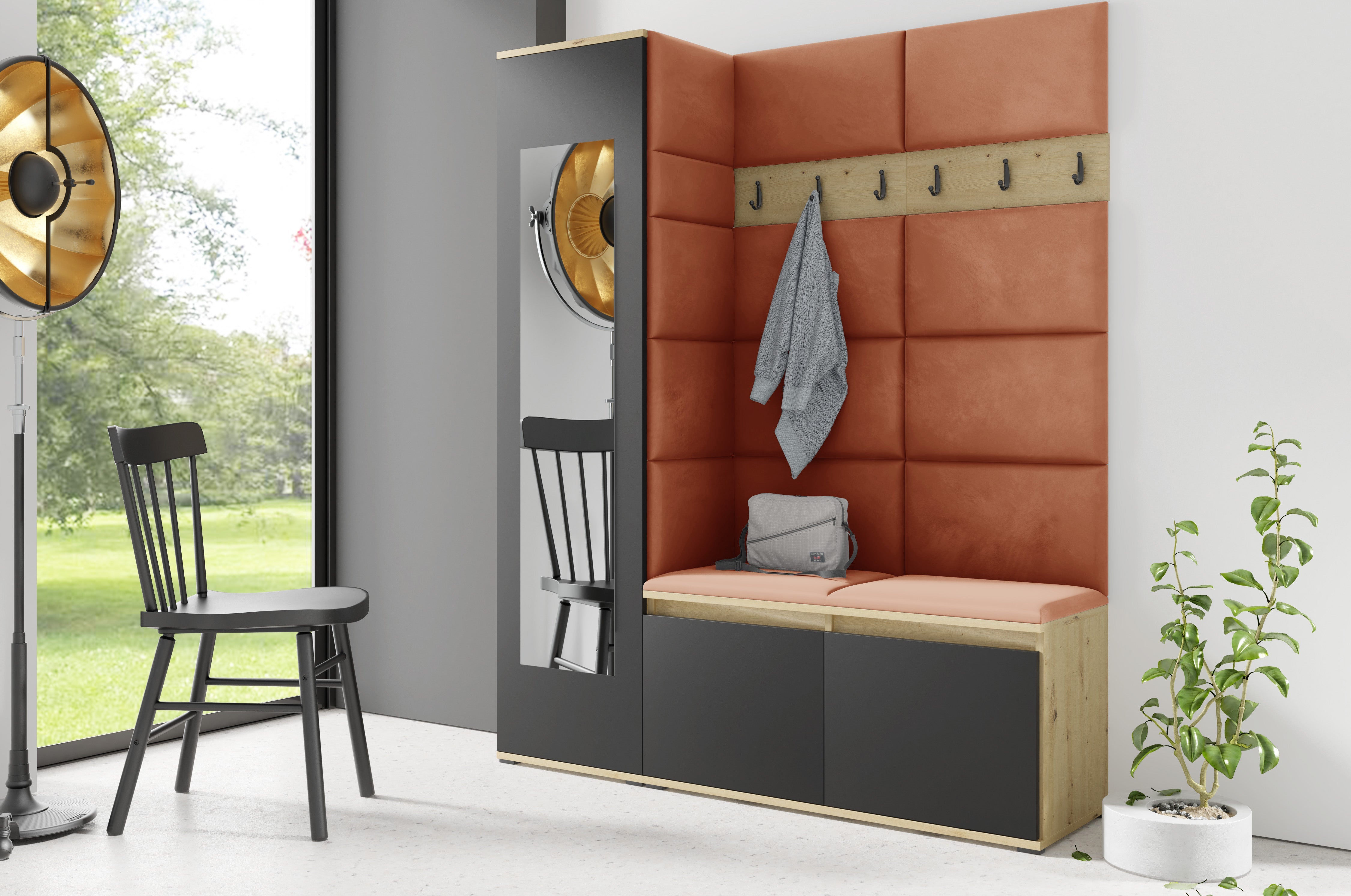 PK Emi 14 Hallway Wardrobe Artisan Oak / Black - Upholstered Panels in Various Colours
