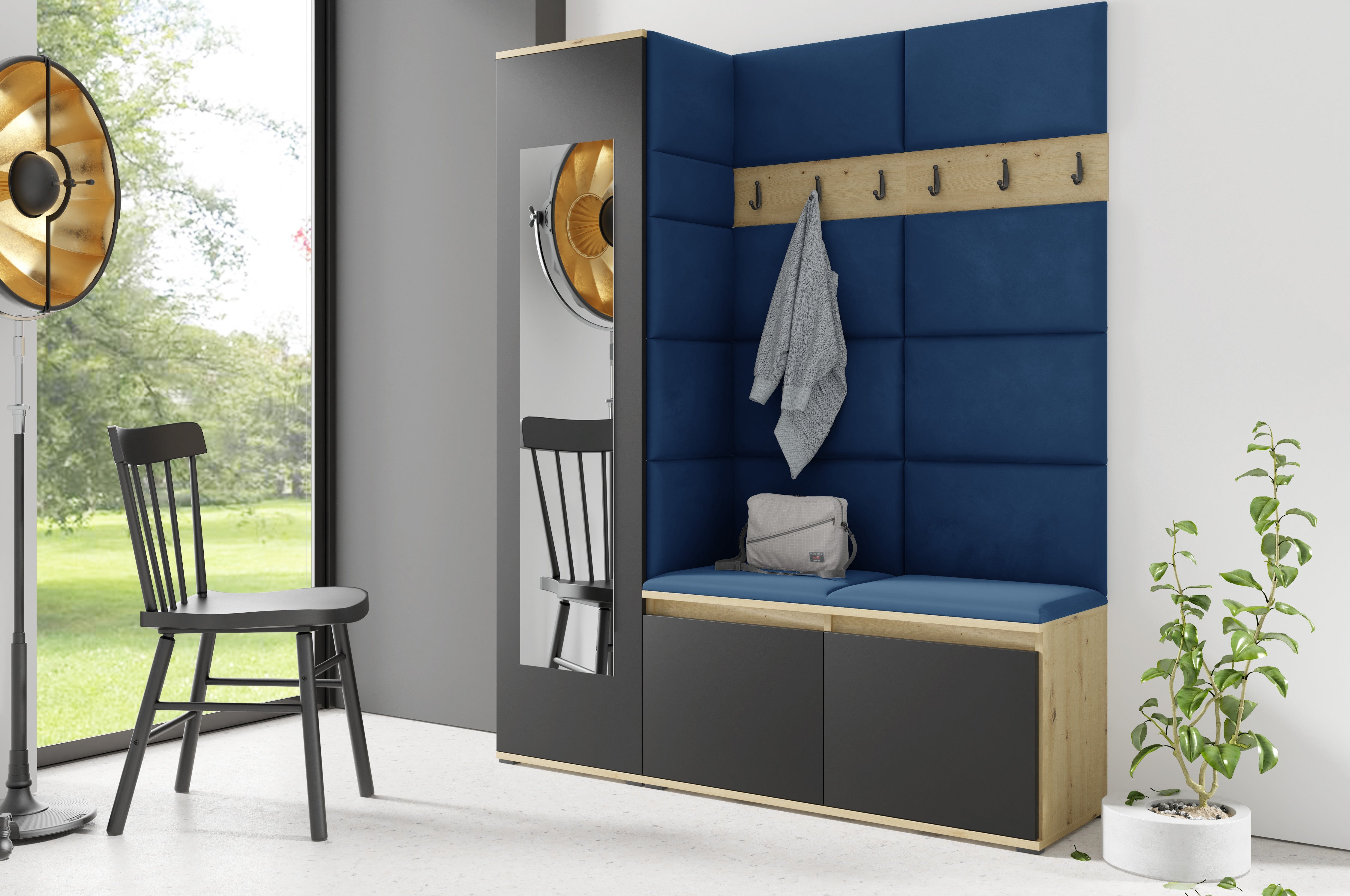 PK Emi 14 Hallway Wardrobe Artisan Oak / Black - Upholstered Panels in Various Colours
