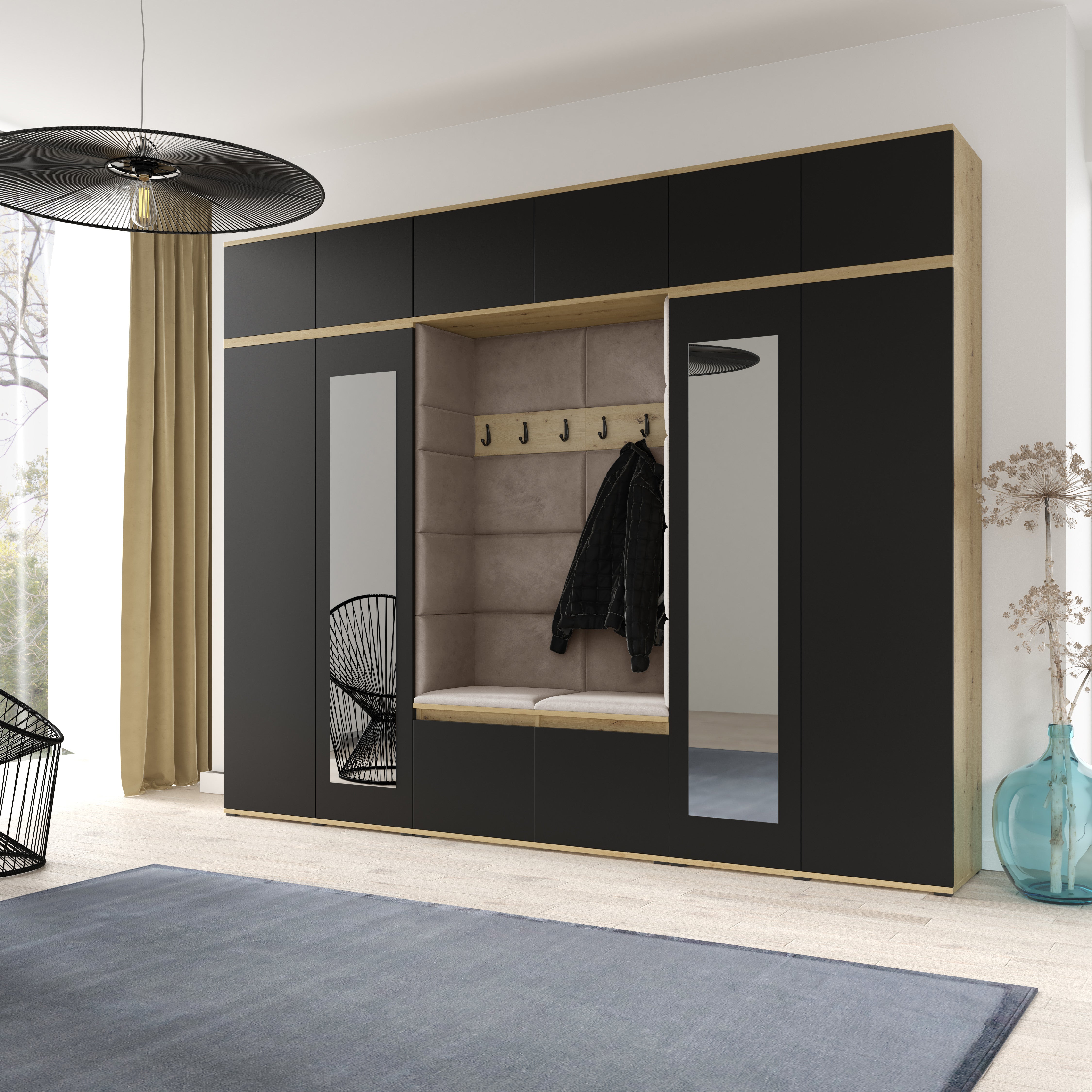 PK Emi 17 Hallway Artisan Oak / Black- Upholstered Panels in Various Colours