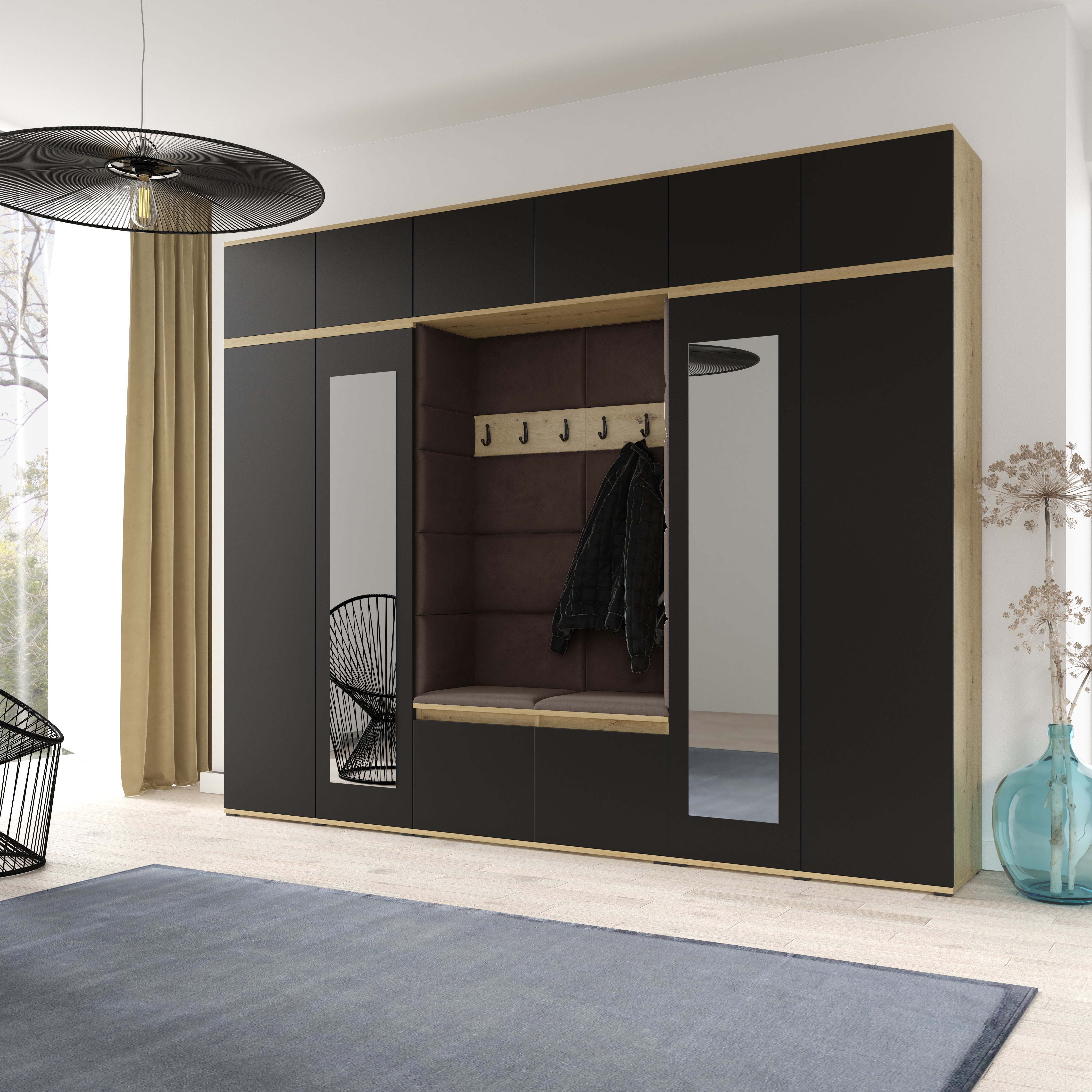 PK Emi 17 Hallway Artisan Oak / Black- Upholstered Panels in Various Colours