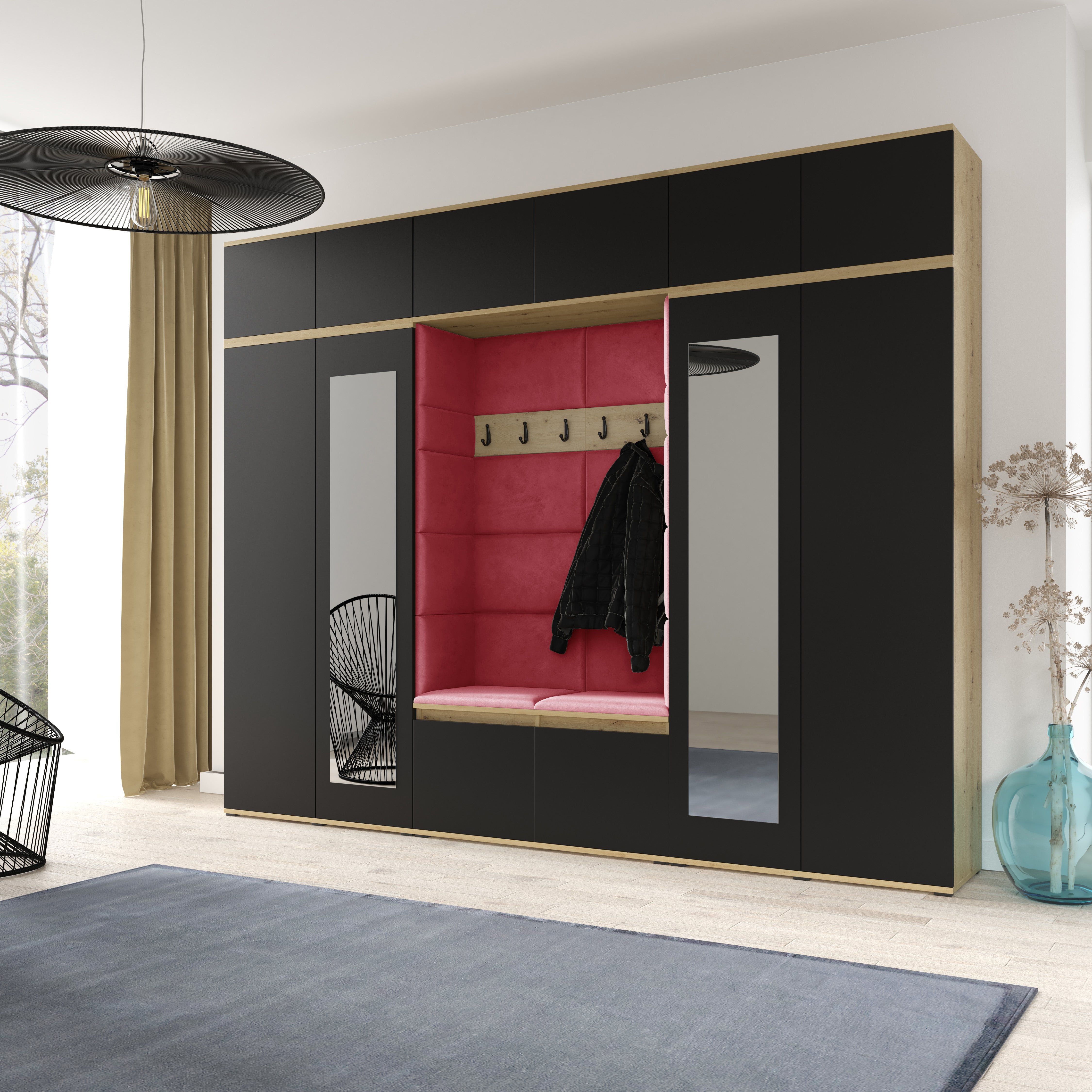 PK Emi 17 Hallway Artisan Oak / Black- Upholstered Panels in Various Colours