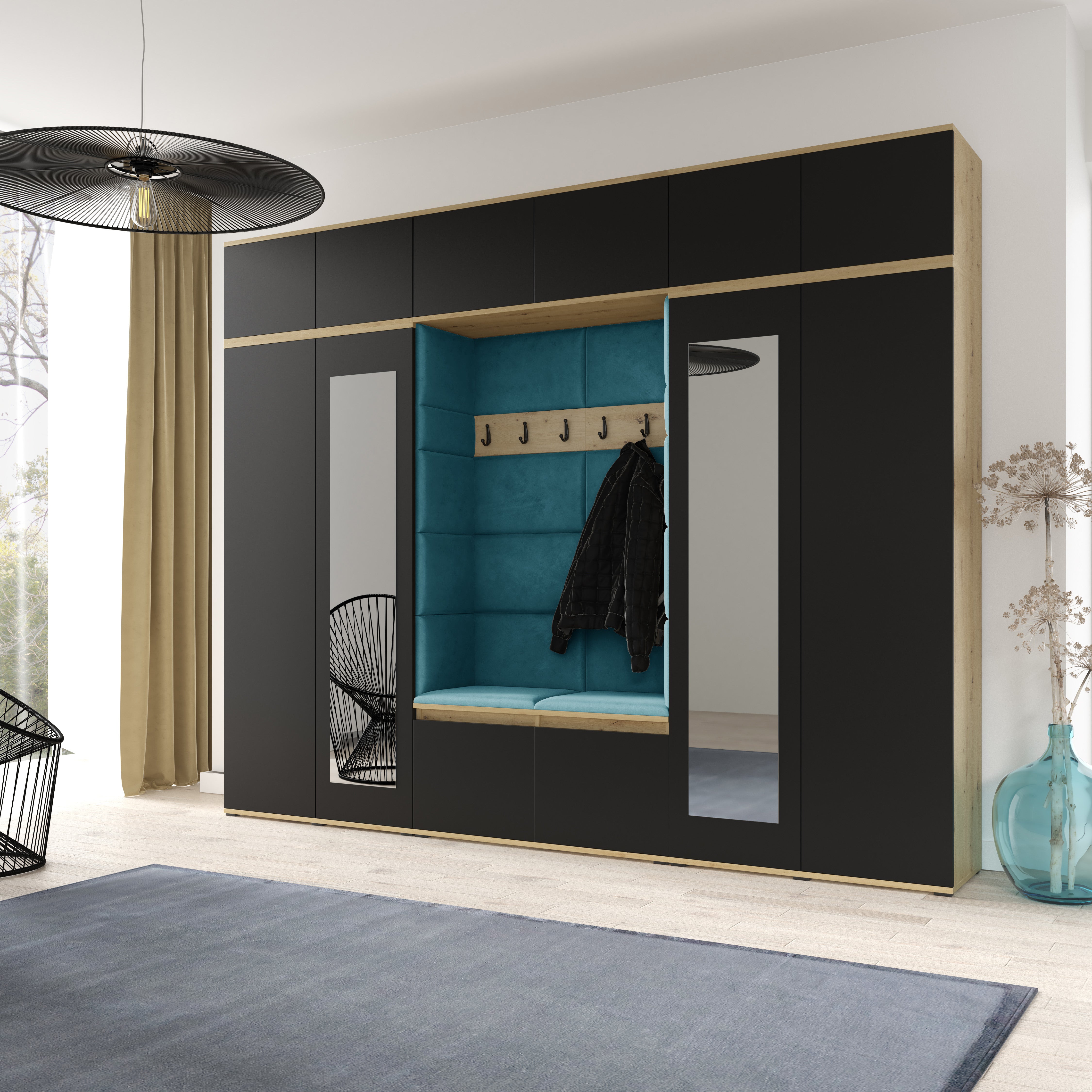 PK Emi 17 Hallway Artisan Oak / Black- Upholstered Panels in Various Colours