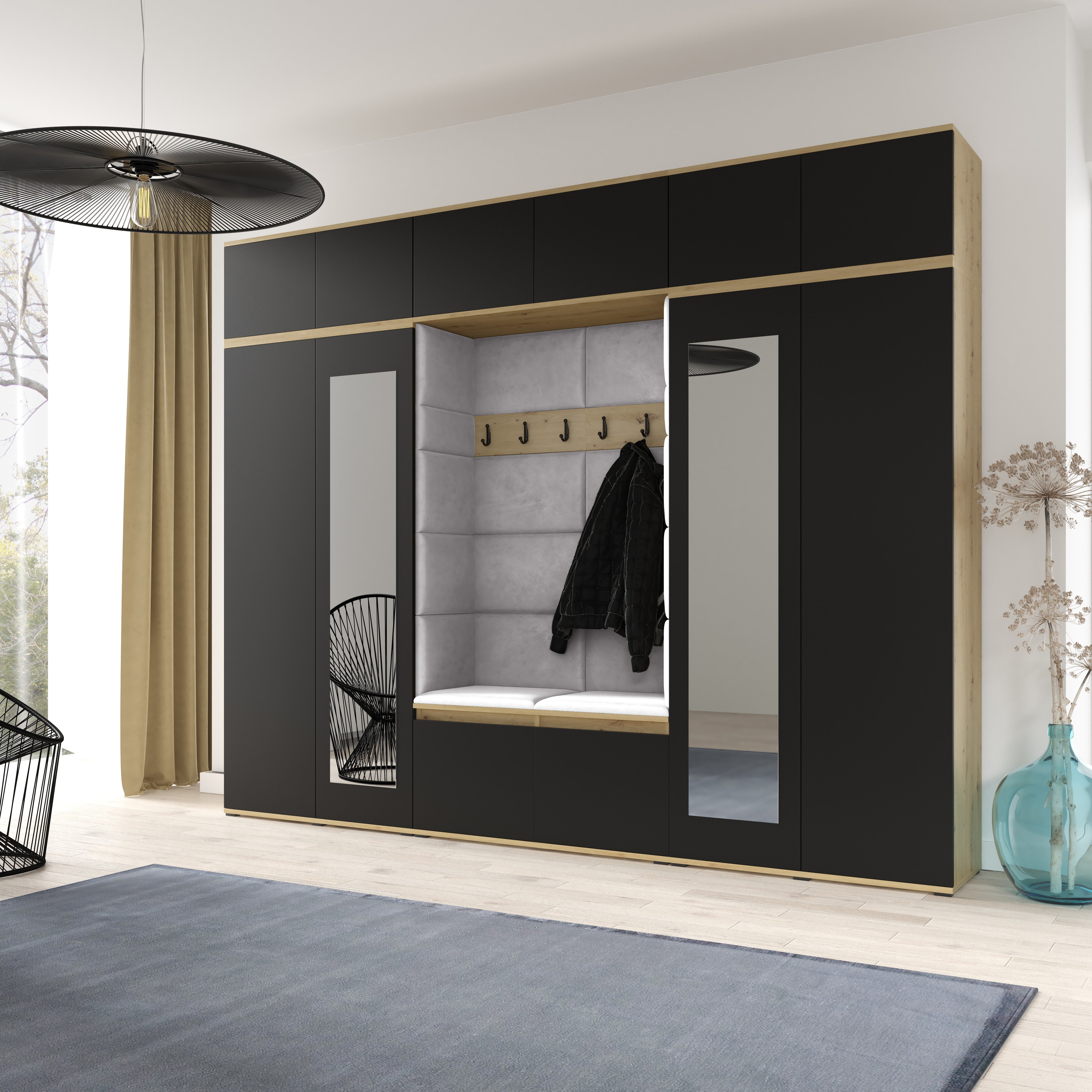 PK Emi 17 Hallway Artisan Oak / Black- Upholstered Panels in Various Colours