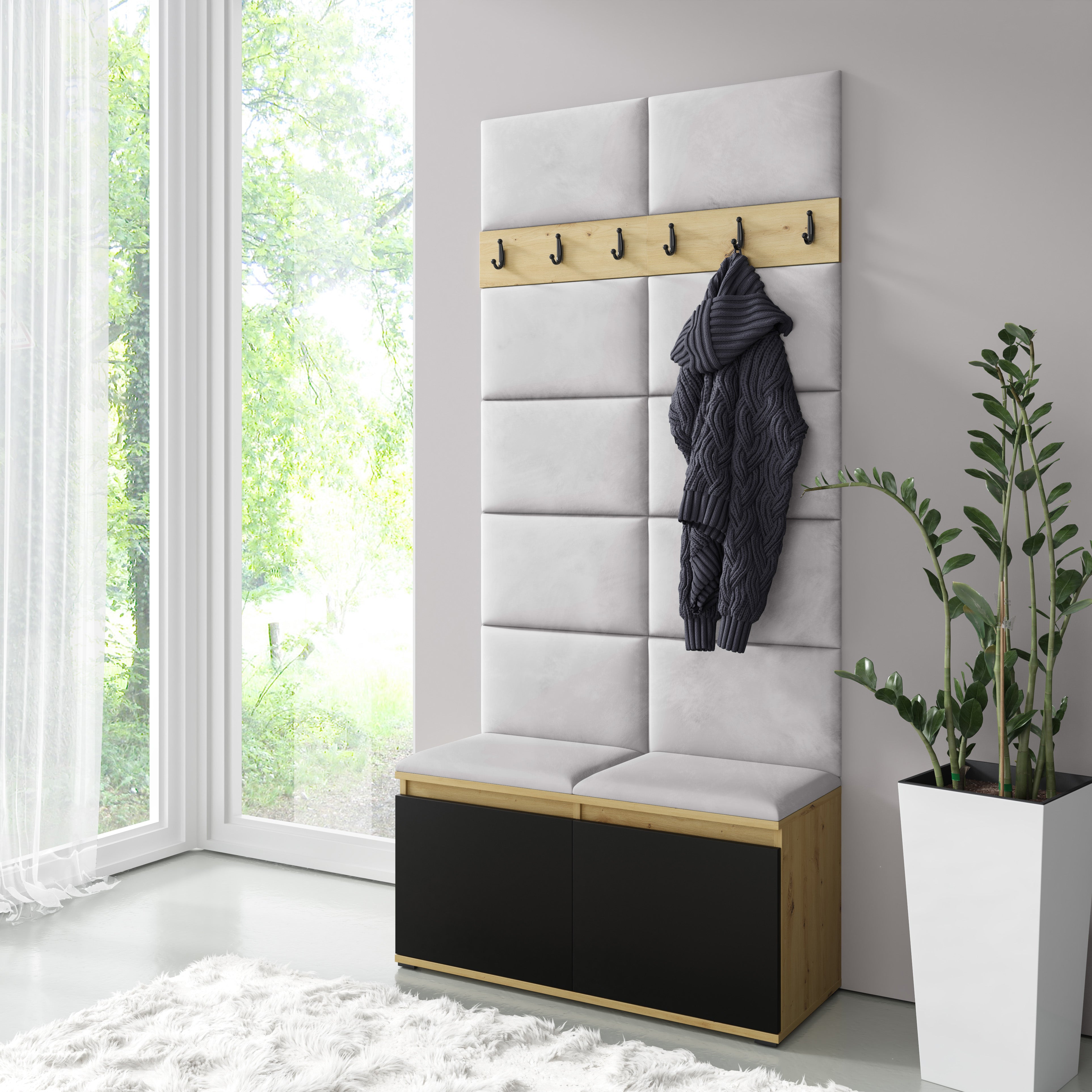 PK Emi 1 Hallway Wardrobe Artisan Oak / Black -Upholstered Panels in Various Colours