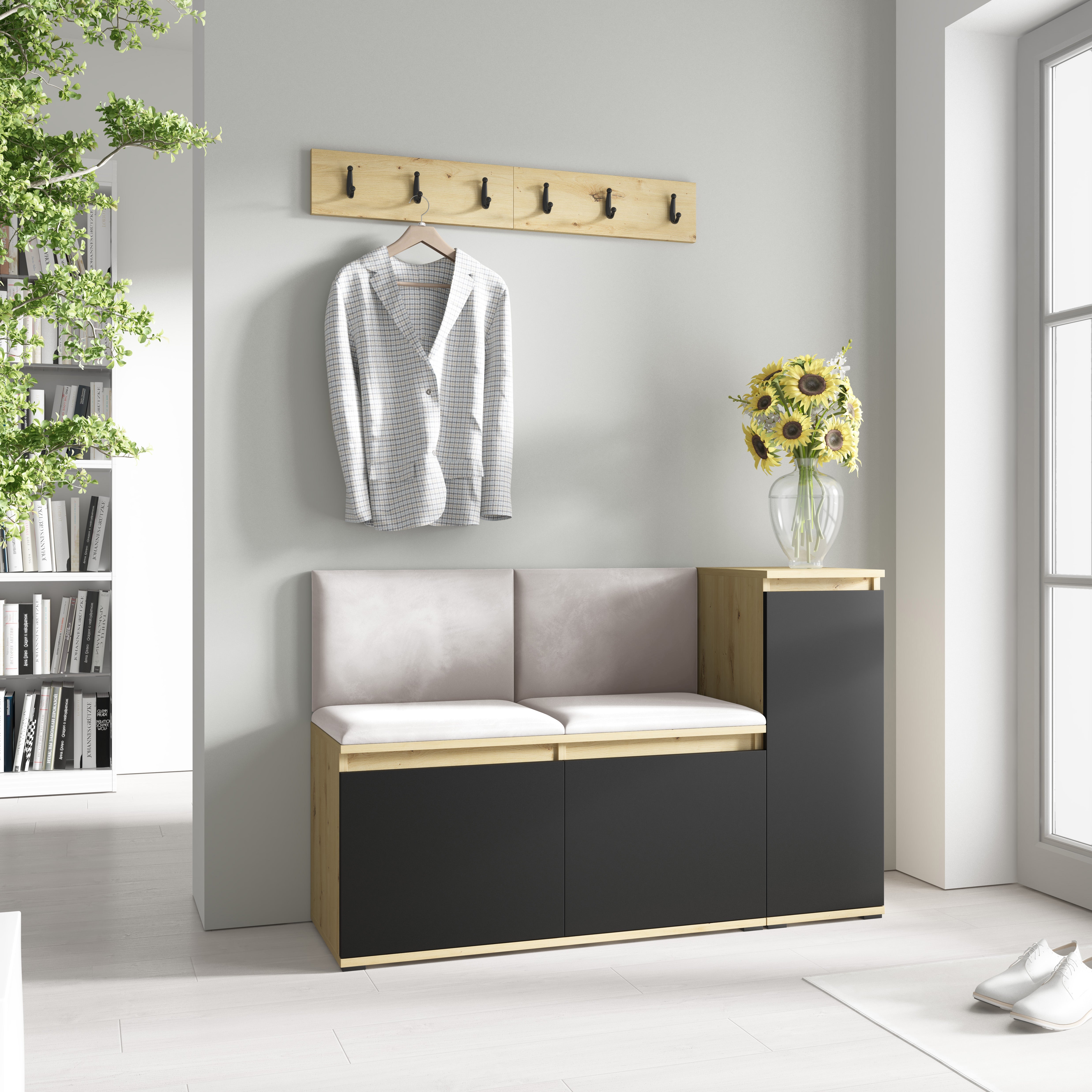 PK Emi 25 Hallway Wardrobe Aristan Oak/Black - Upholstered Panels in Various Colours