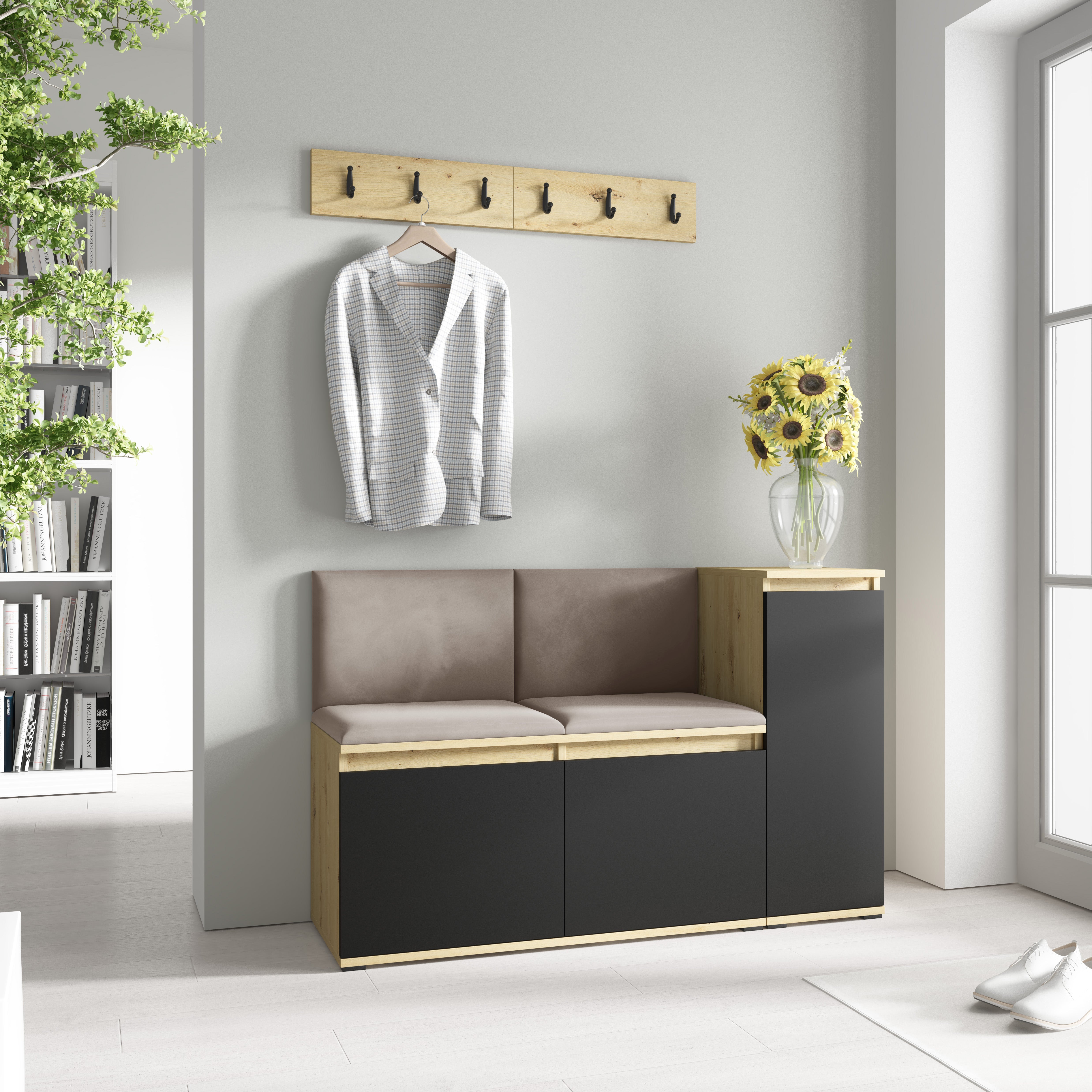 PK Emi 25 Hallway Wardrobe Aristan Oak/Black - Upholstered Panels in Various Colours