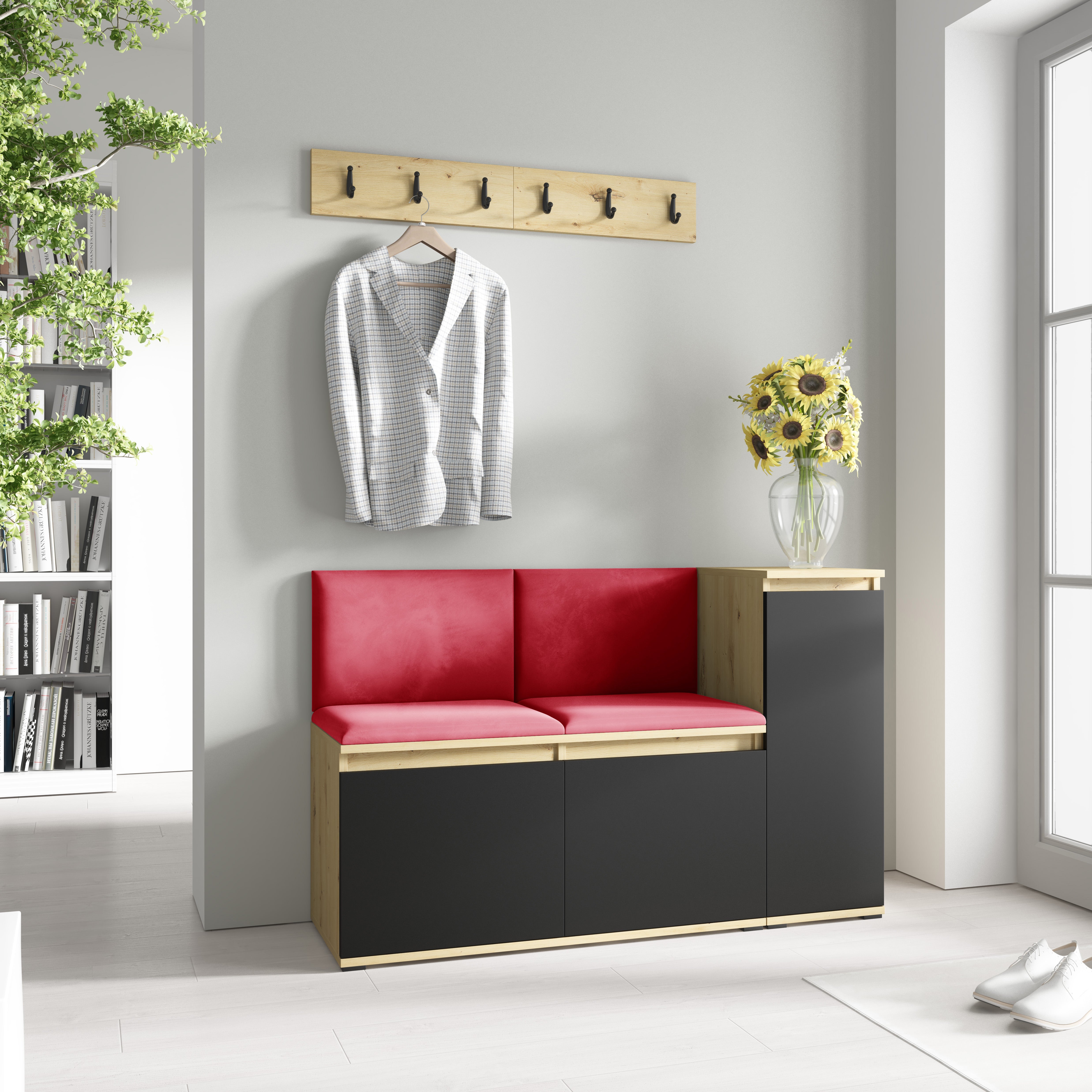 PK Emi 25 Hallway Wardrobe Aristan Oak/Black - Upholstered Panels in Various Colours