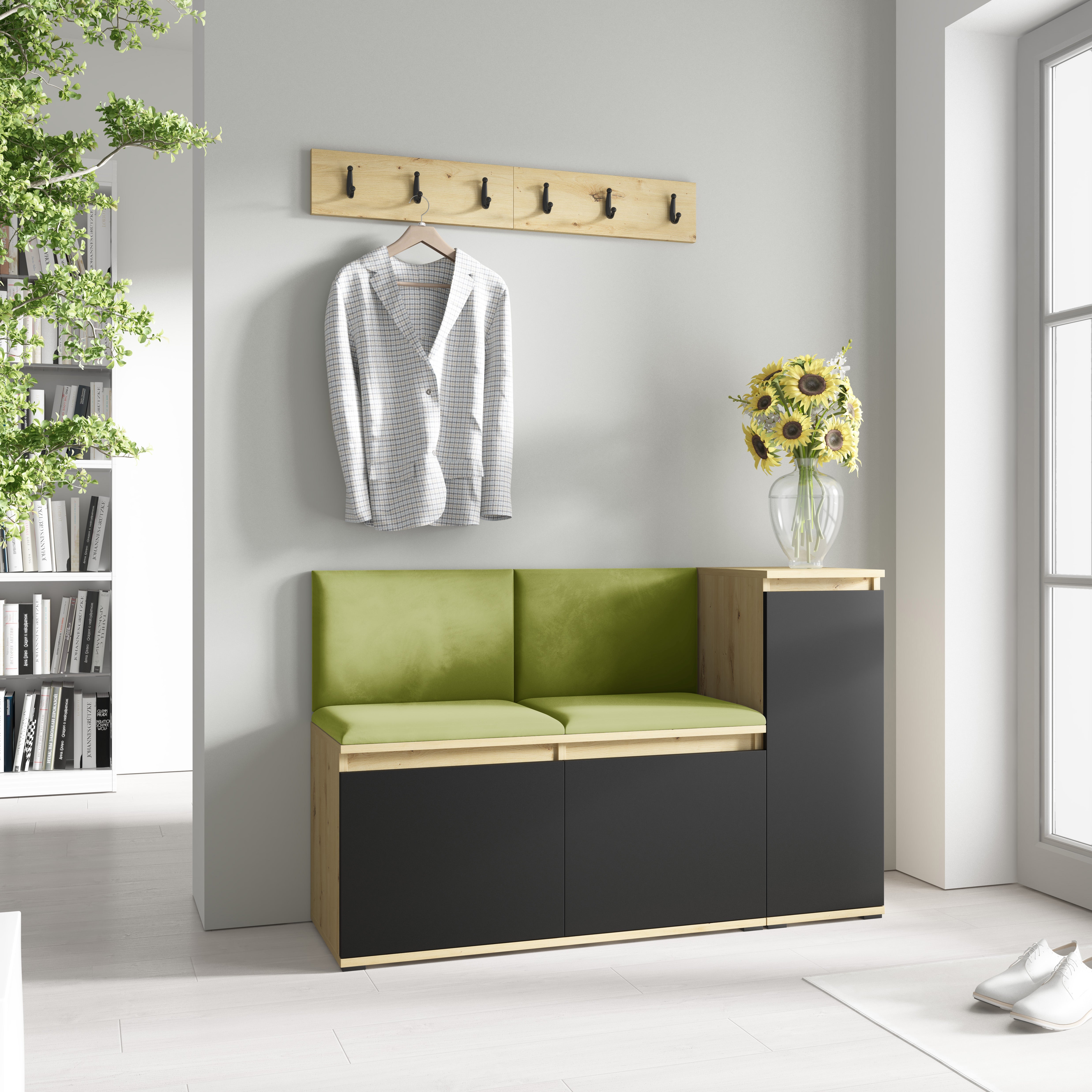 PK Emi 25 Hallway Wardrobe Aristan Oak/Black - Upholstered Panels in Various Colours