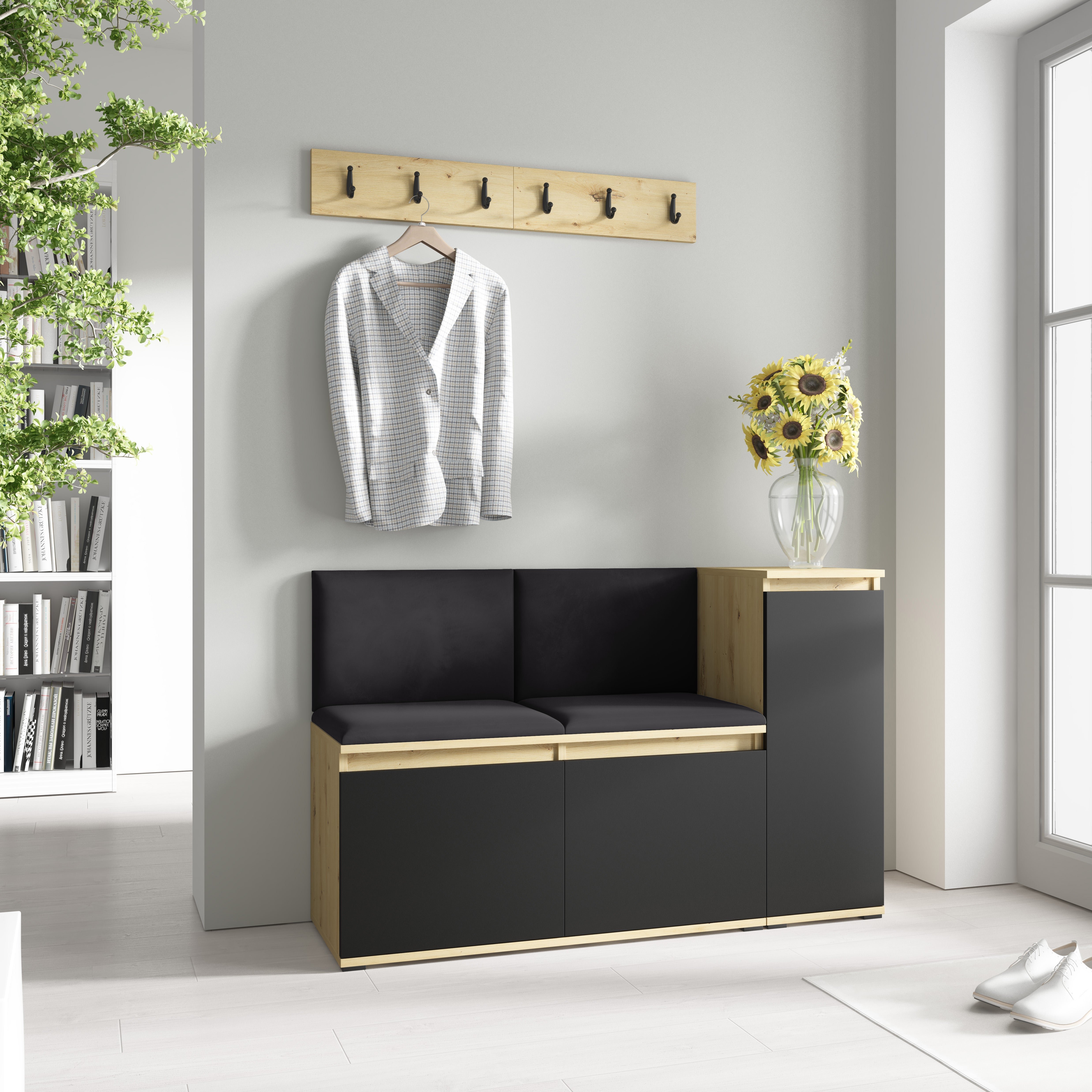 PK Emi 25 Hallway Wardrobe Aristan Oak/Black - Upholstered Panels in Various Colours