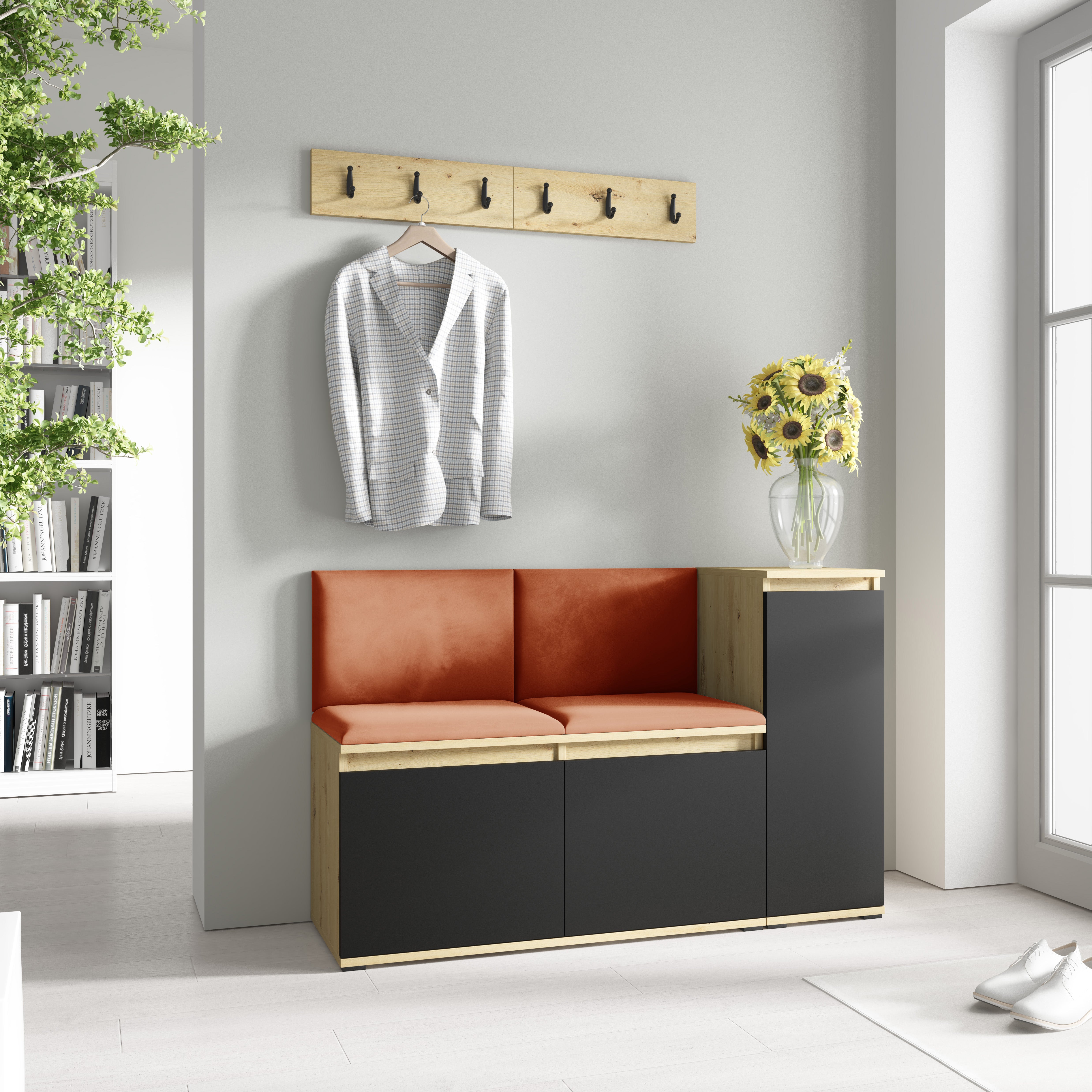 PK Emi 25 Hallway Wardrobe Aristan Oak/Black - Upholstered Panels in Various Colours