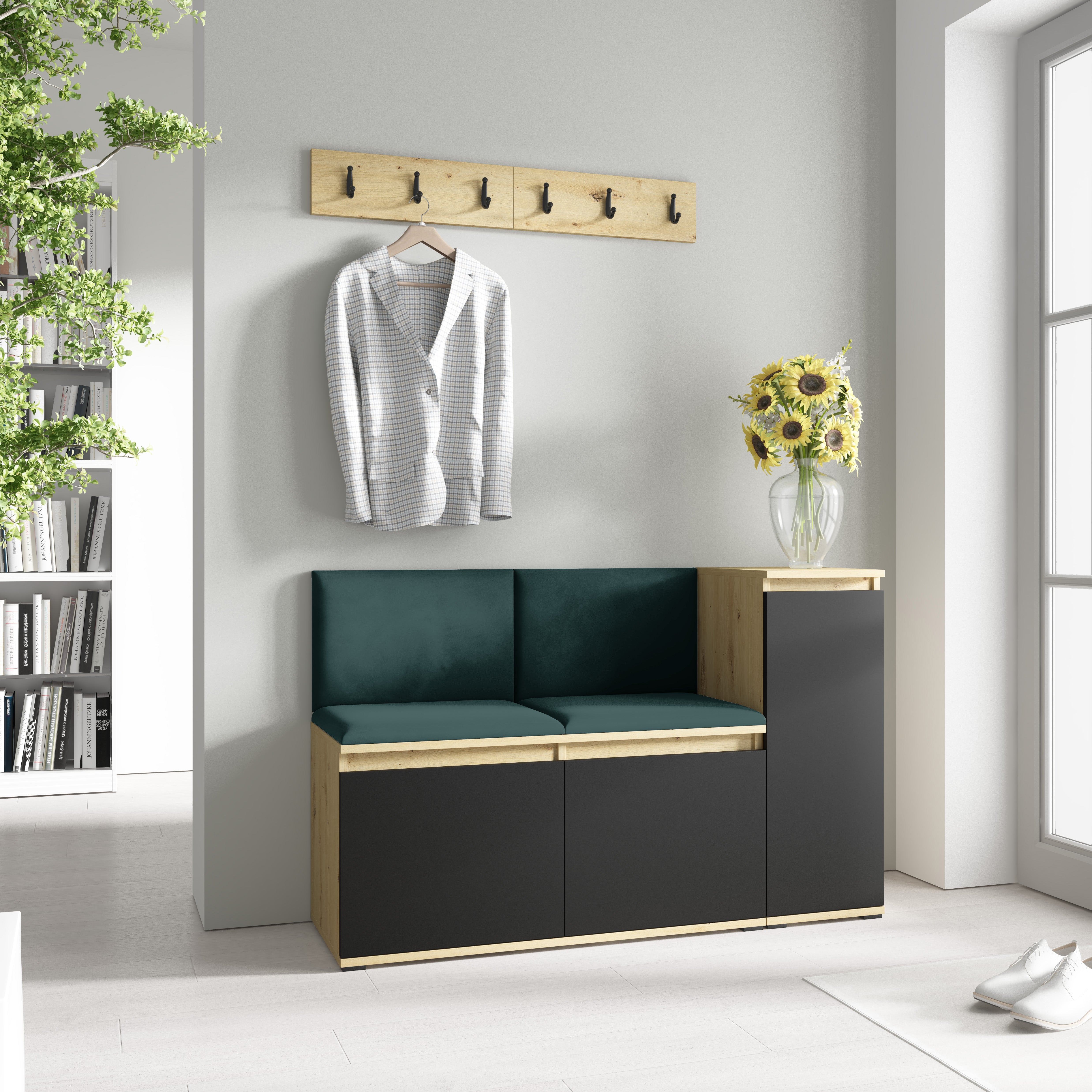 PK Emi 25 Hallway Wardrobe Aristan Oak/Black - Upholstered Panels in Various Colours