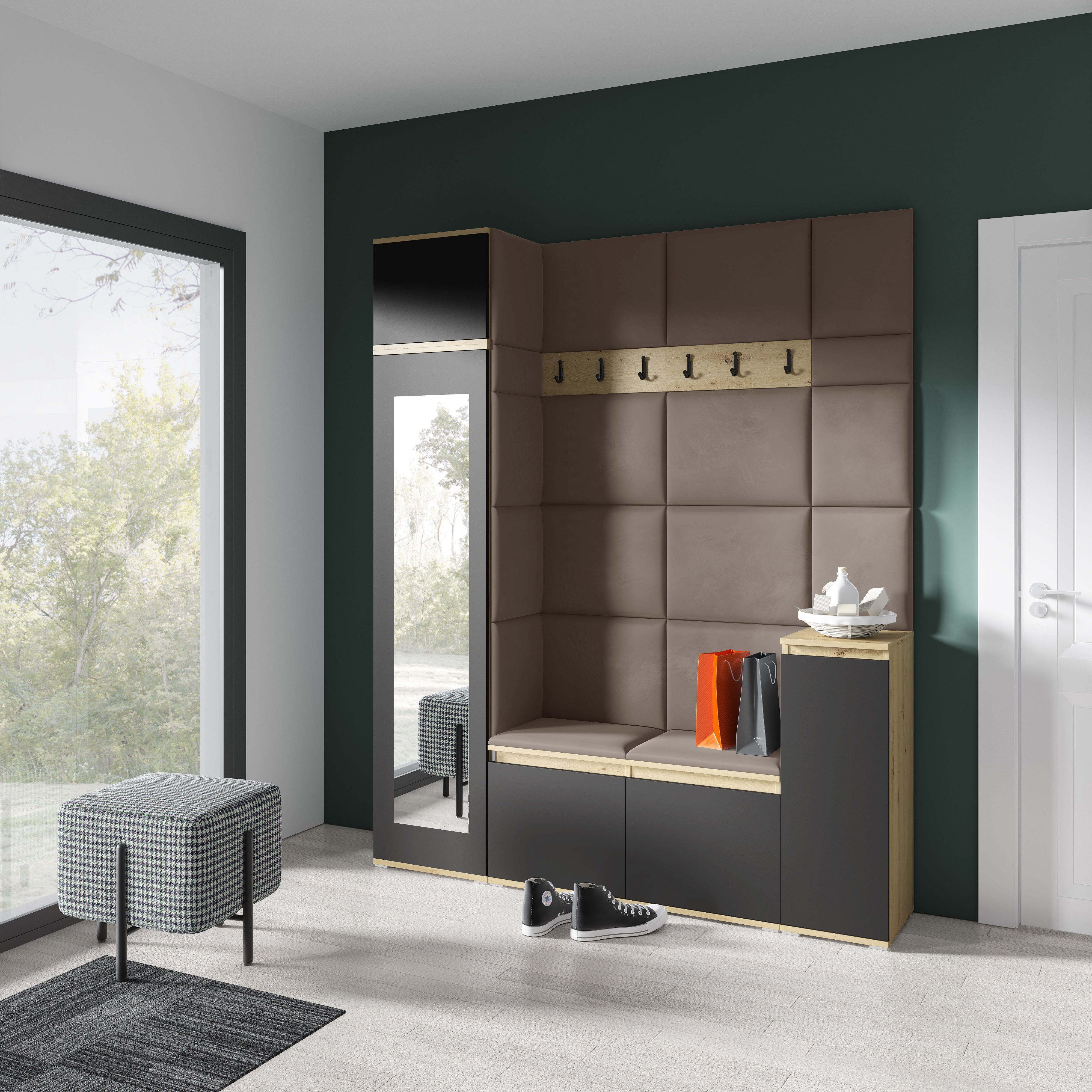 PK Emi 29 Hallway Wardrobe Aristan Oak/Black - Upholstered Panels in Various Colours