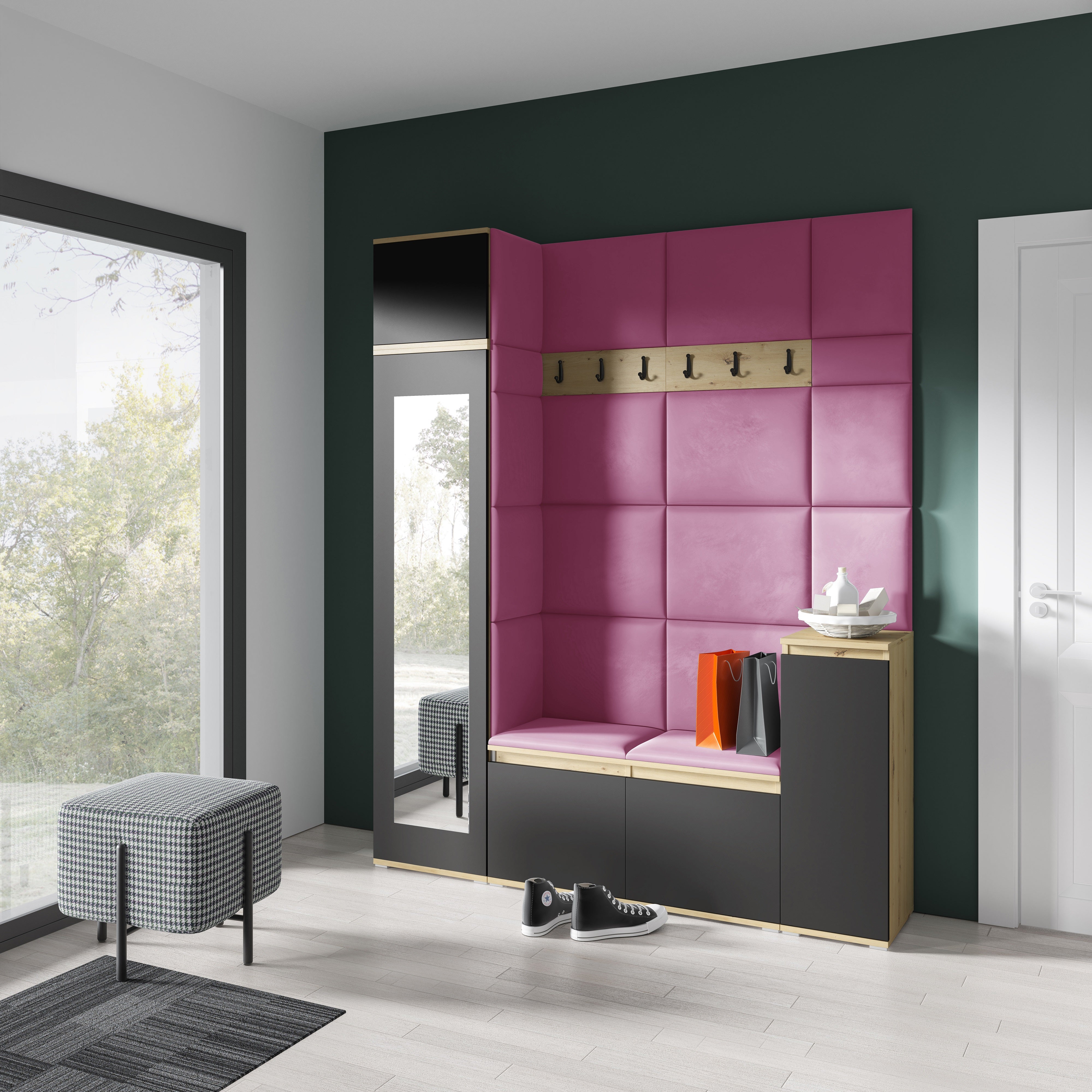 PK Emi 29 Hallway Wardrobe Aristan Oak/Black - Upholstered Panels in Various Colours