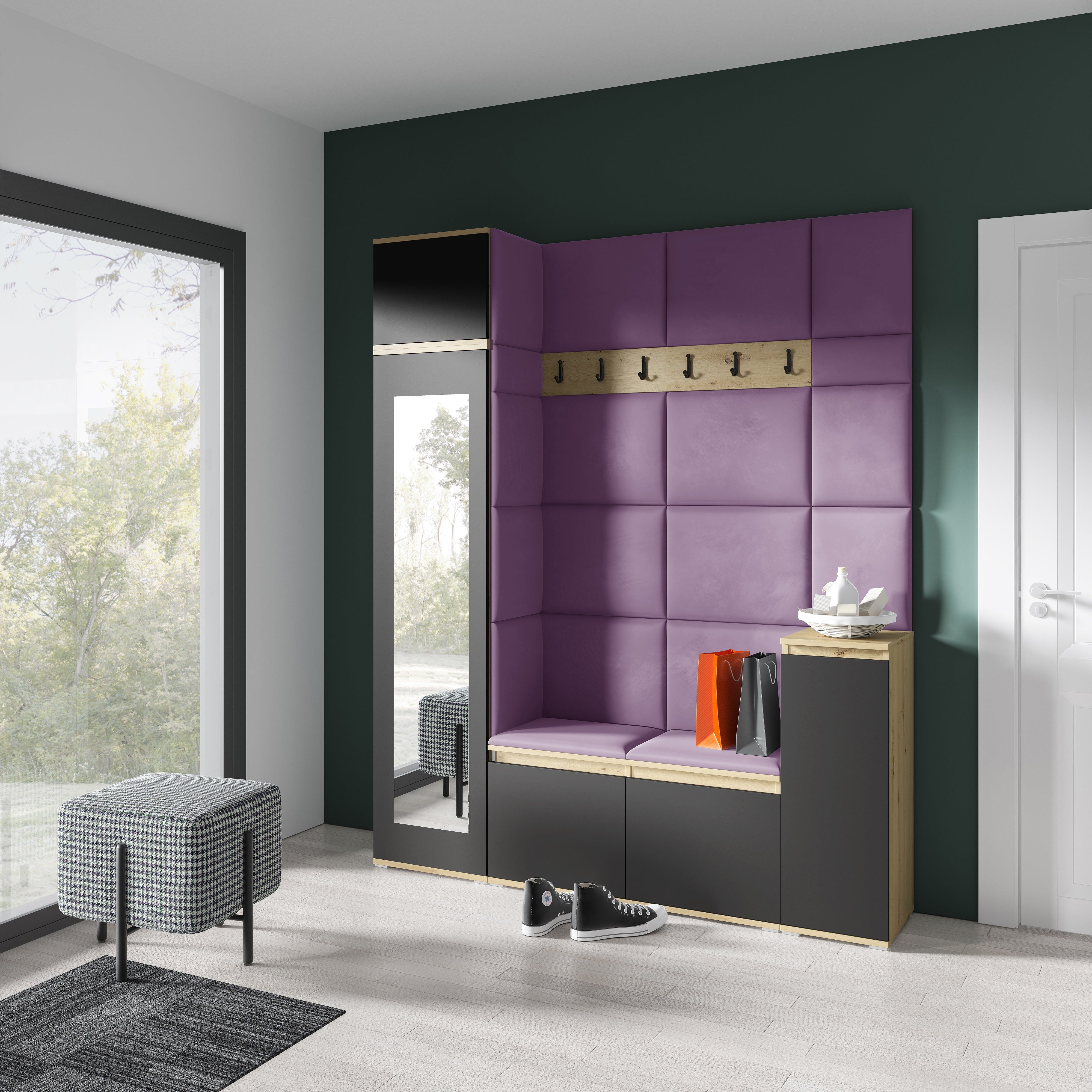 PK Emi 29 Hallway Wardrobe Aristan Oak/Black - Upholstered Panels in Various Colours