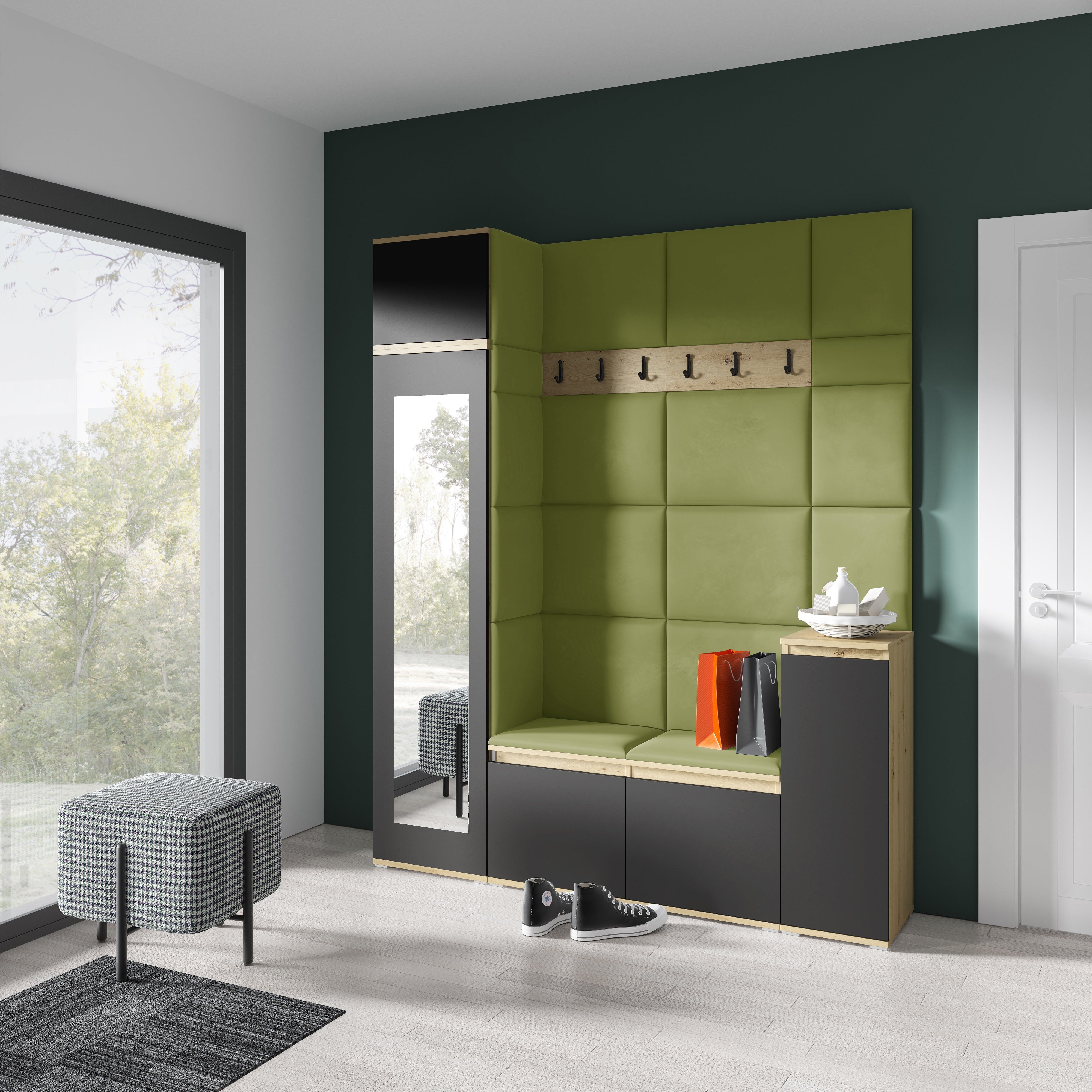 PK Emi 29 Hallway Wardrobe Aristan Oak/Black - Upholstered Panels in Various Colours