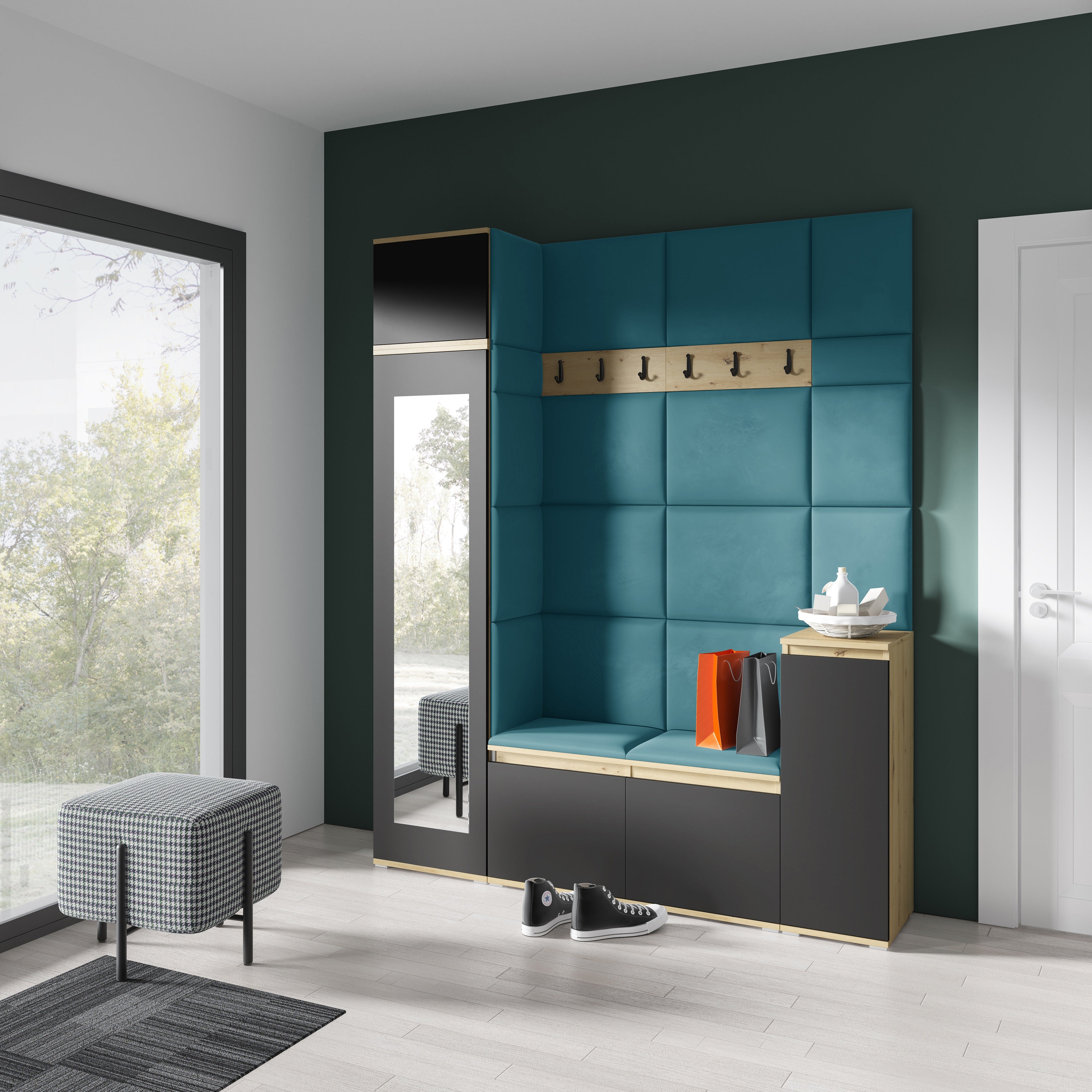 PK Emi 29 Hallway Wardrobe Aristan Oak/Black - Upholstered Panels in Various Colours