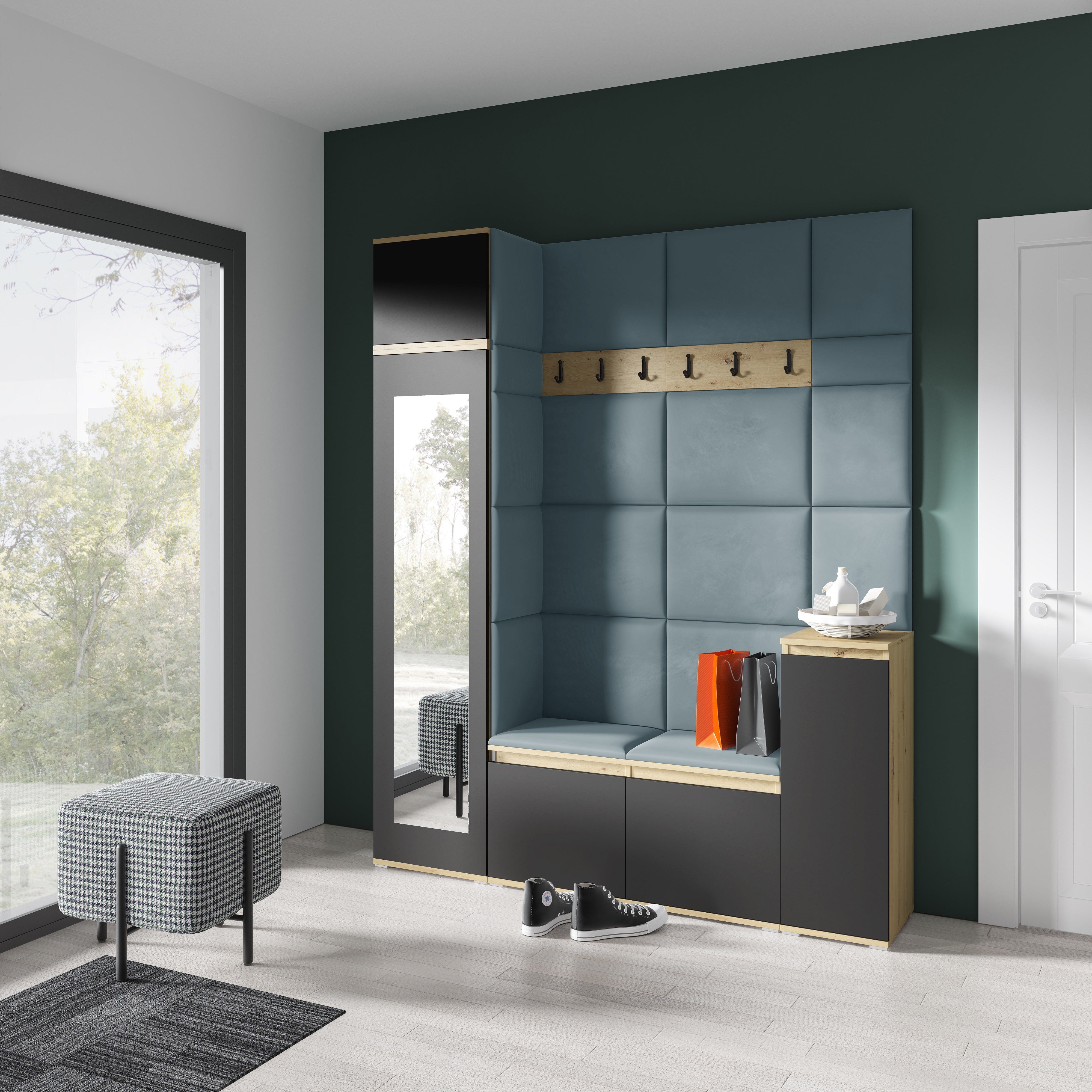 PK Emi 29 Hallway Wardrobe Aristan Oak/Black - Upholstered Panels in Various Colours