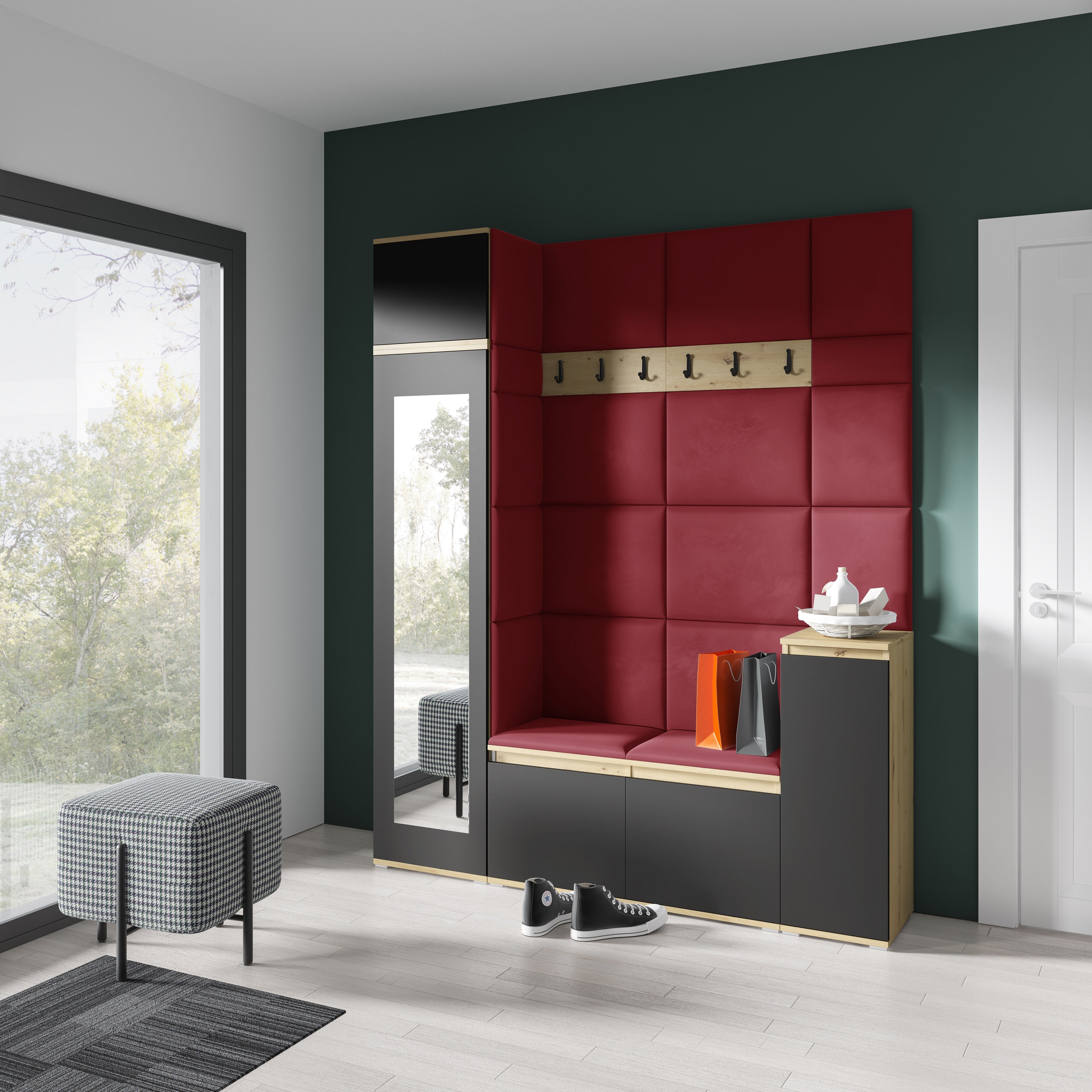 PK Emi 29 Hallway Wardrobe Aristan Oak/Black - Upholstered Panels in Various Colours