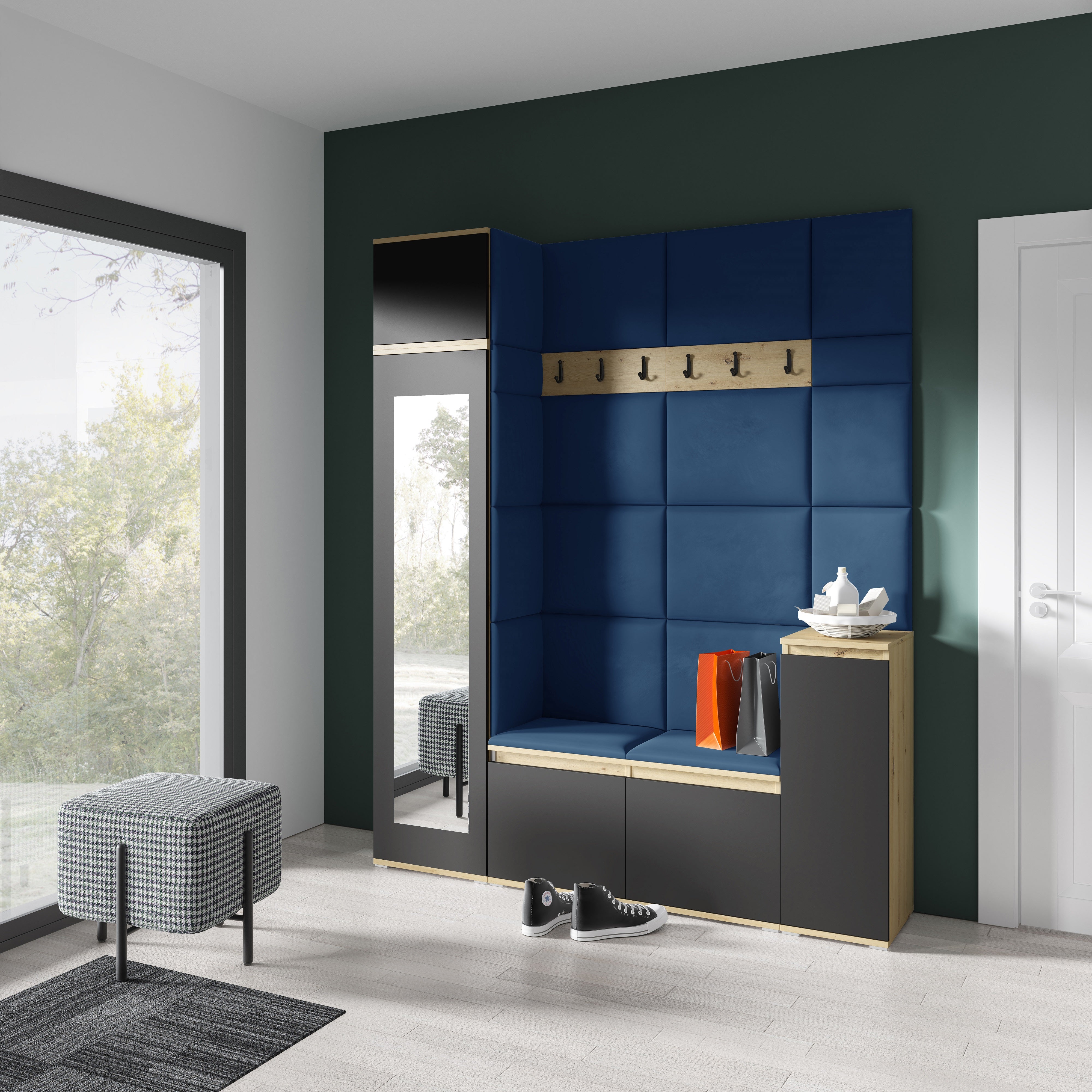 PK Emi 29 Hallway Wardrobe Aristan Oak/Black - Upholstered Panels in Various Colours