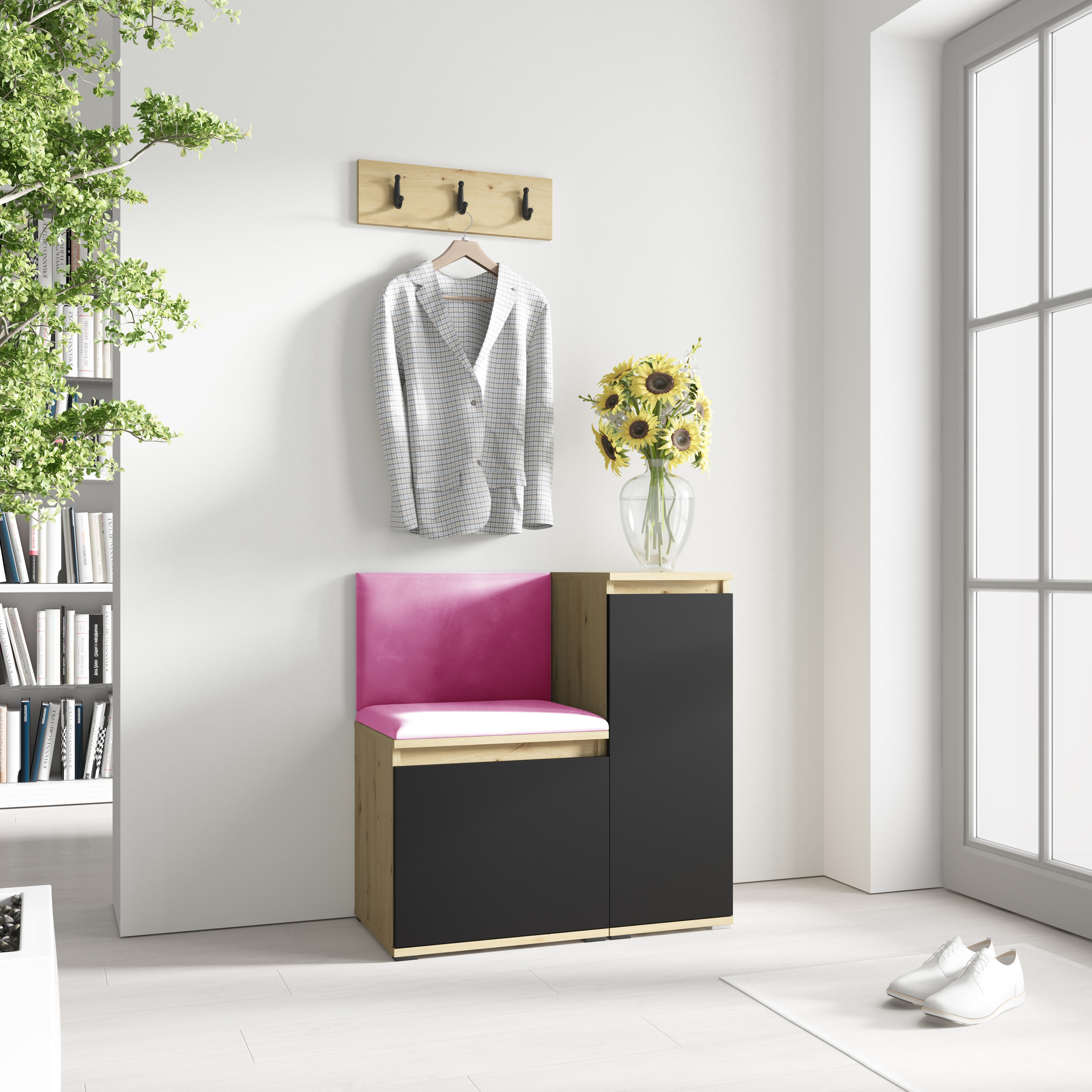 PK Emi 30 Hallway Wardrobe Aristan Oak/Black - Upholstered Panels in Various Colours