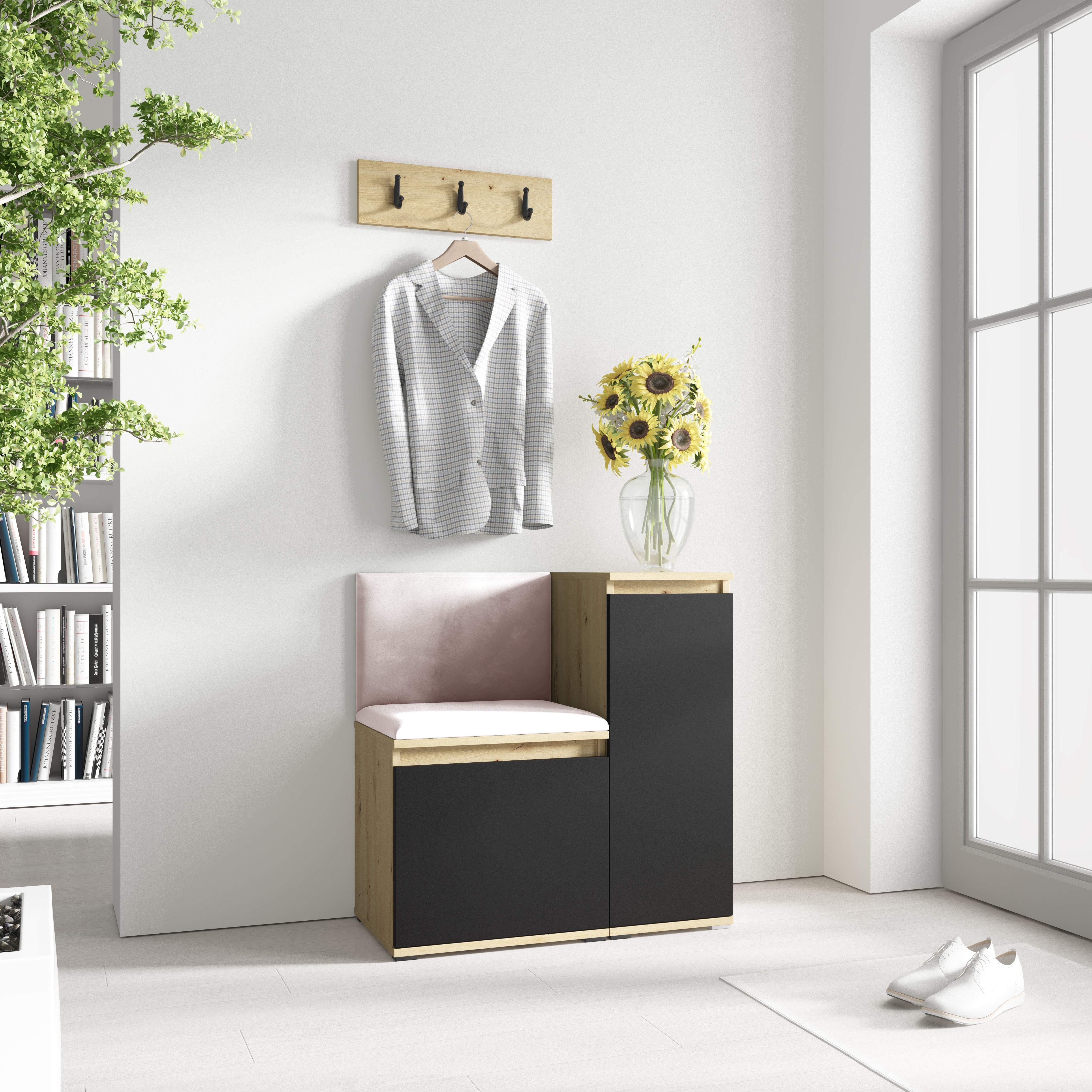 PK Emi 30 Hallway Wardrobe Aristan Oak/Black - Upholstered Panels in Various Colours