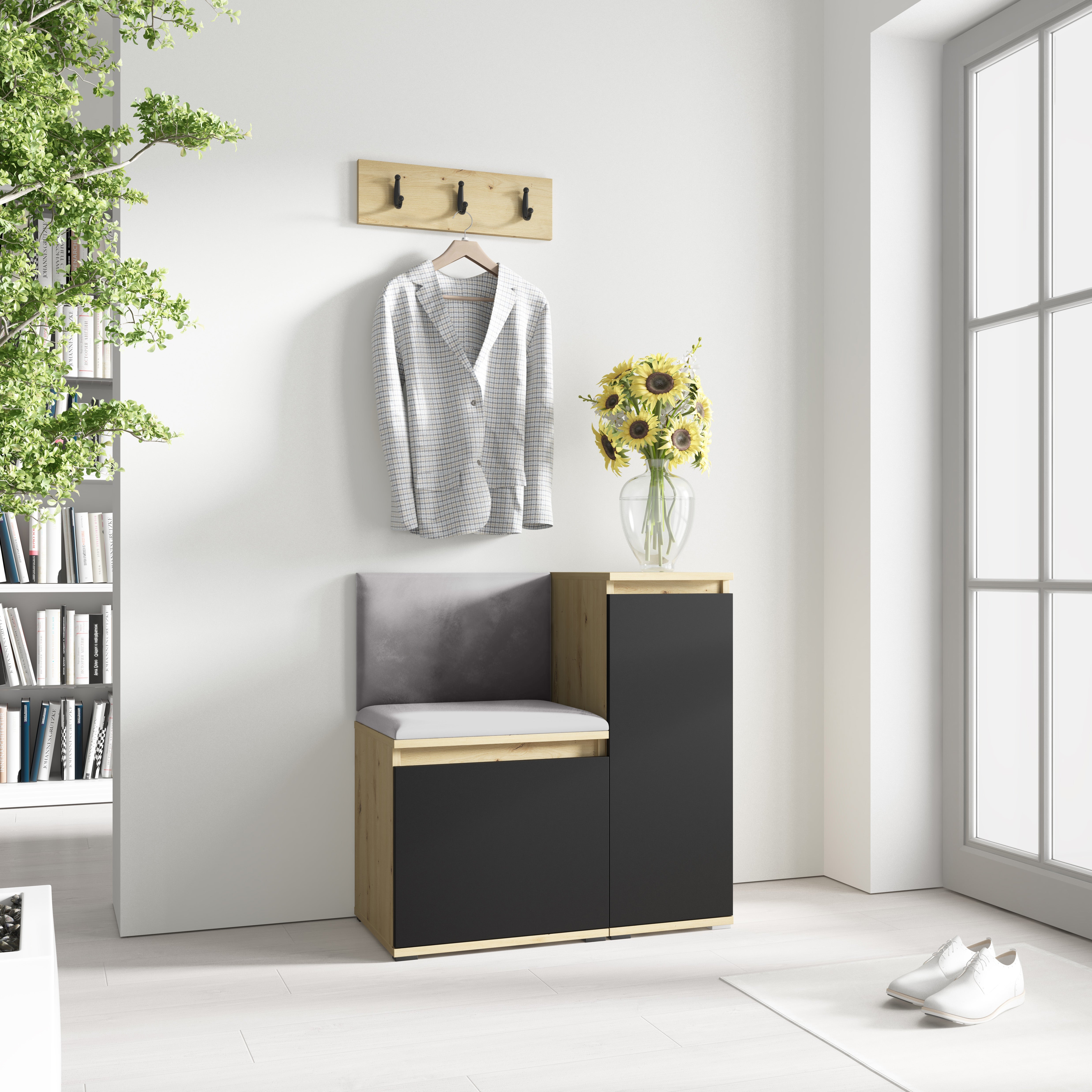 PK Emi 30 Hallway Wardrobe Aristan Oak/Black - Upholstered Panels in Various Colours