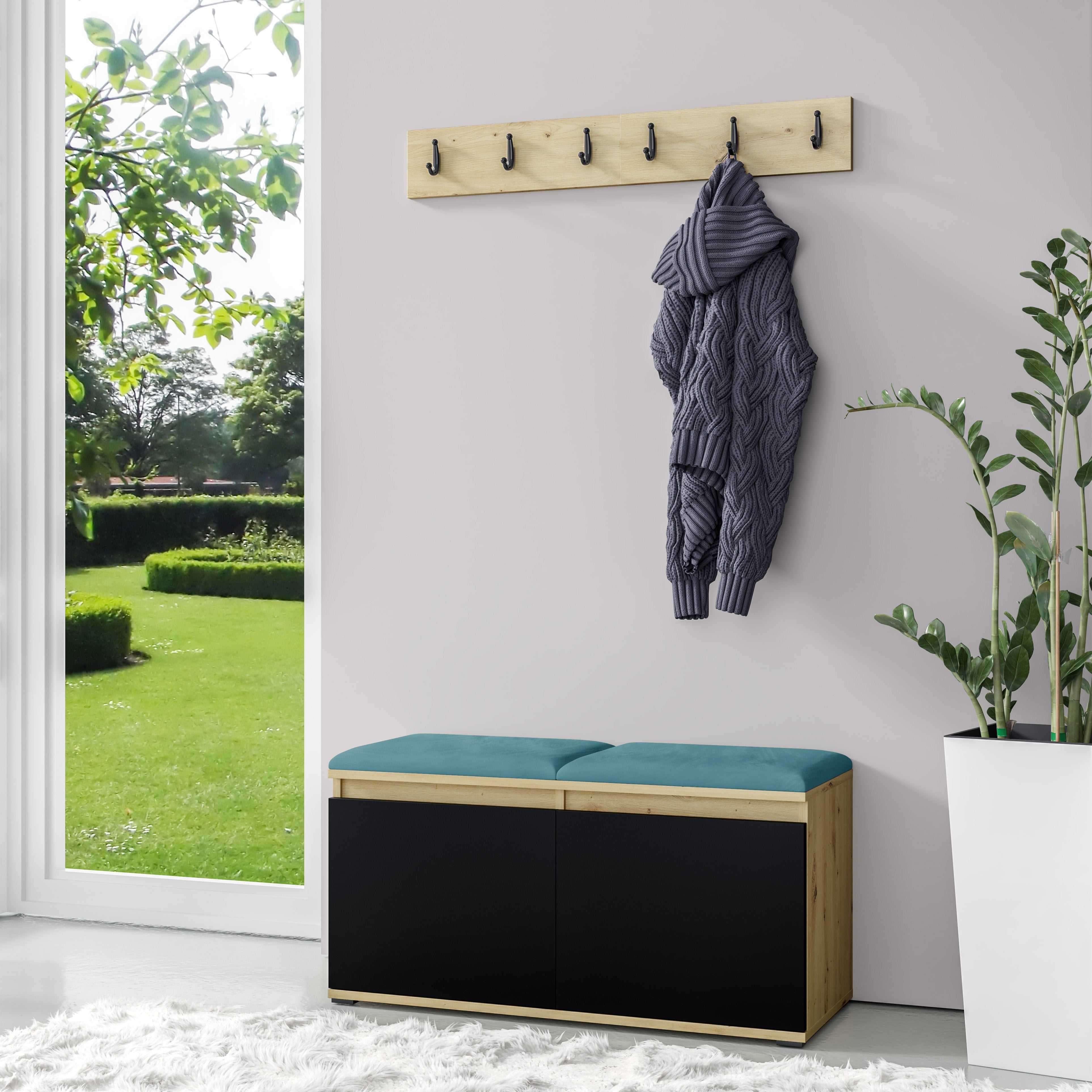 PK Emi 5 Hallway Wardrobe Artisan Oak / Black - Upholstered Panels in Various Colours