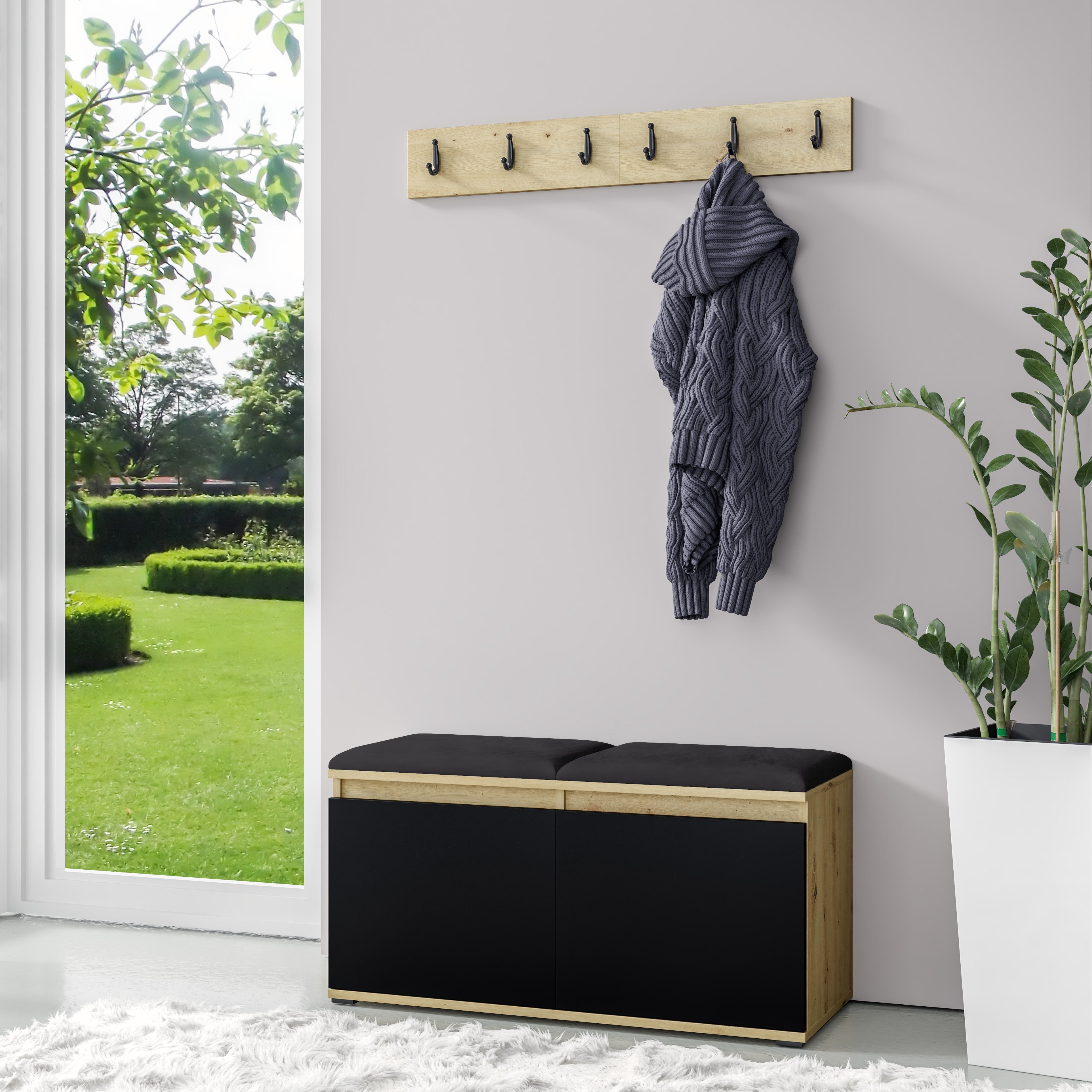 PK Emi 5 Hallway Wardrobe Artisan Oak / Black - Upholstered Panels in Various Colours