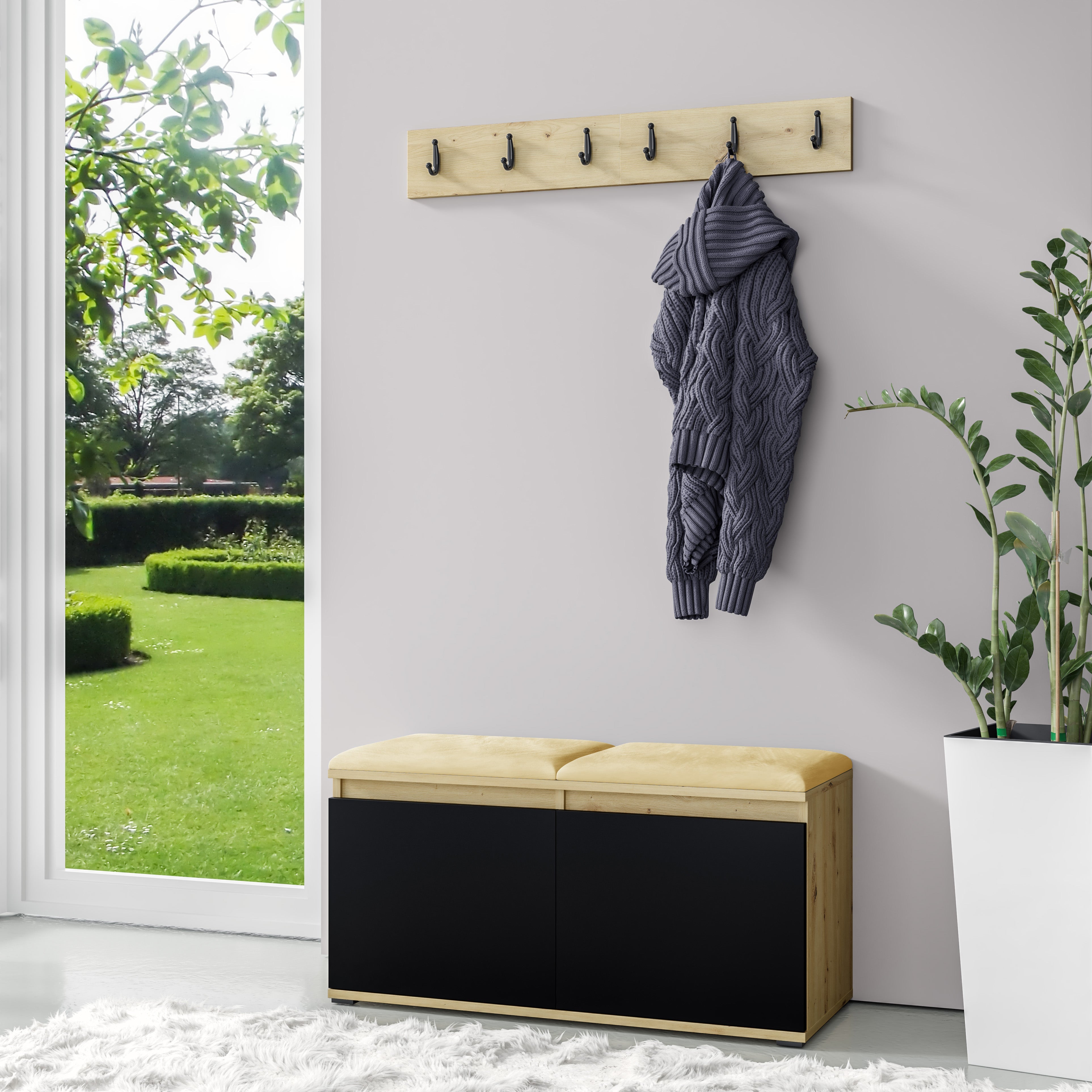 PK Emi 5 Hallway Wardrobe Artisan Oak / Black - Upholstered Panels in Various Colours