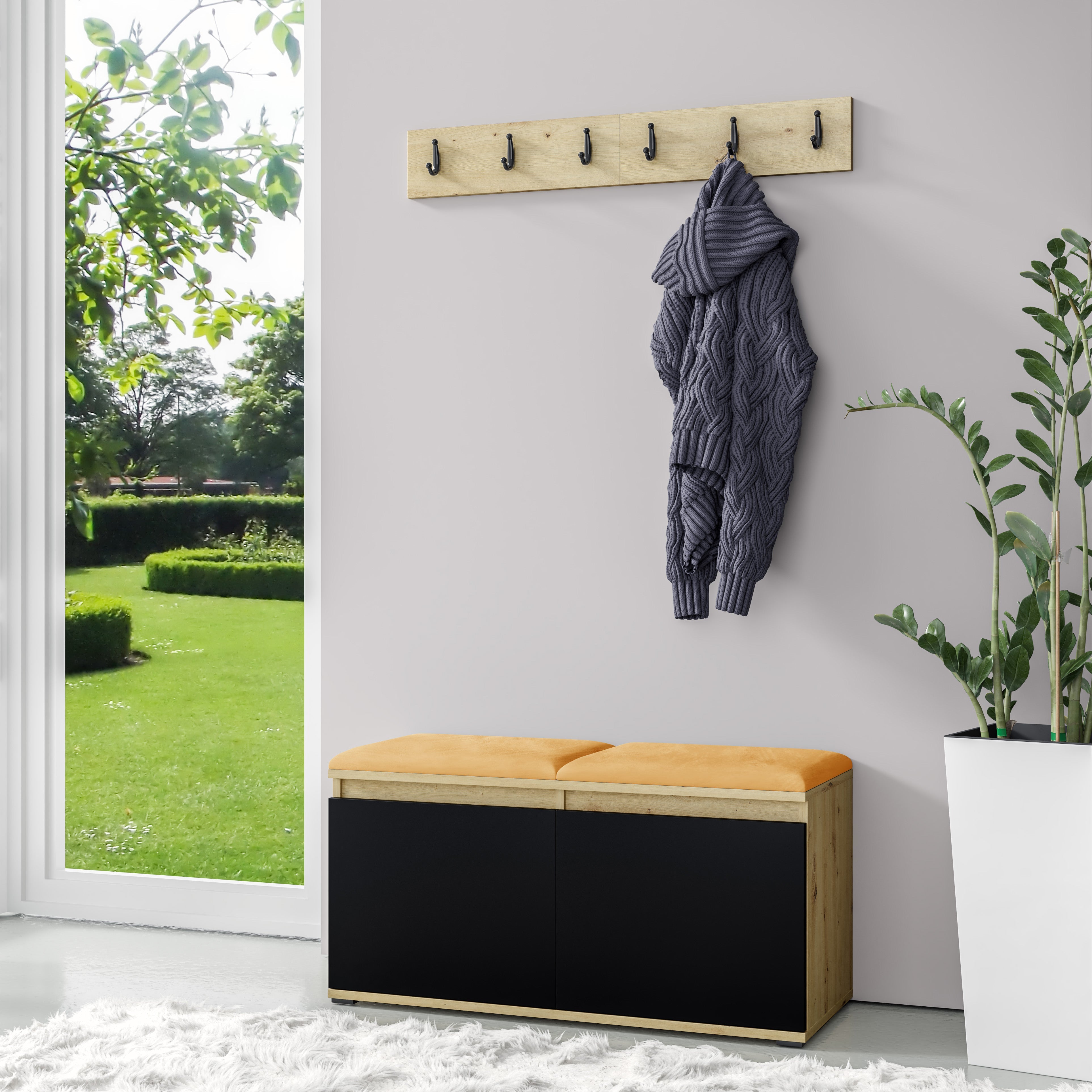 PK Emi 5 Hallway Wardrobe Artisan Oak / Black - Upholstered Panels in Various Colours