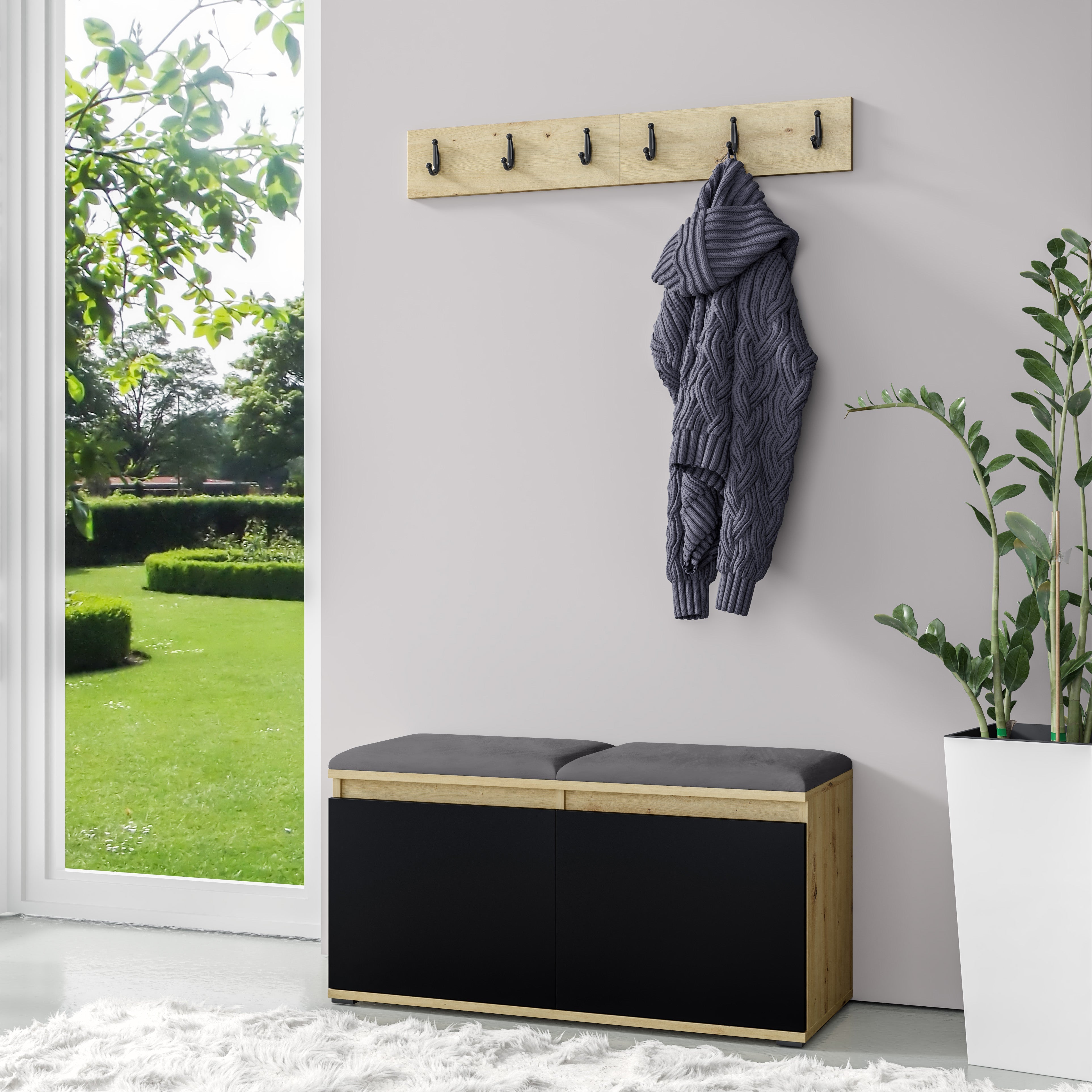 PK Emi 5 Hallway Wardrobe Artisan Oak / Black - Upholstered Panels in Various Colours