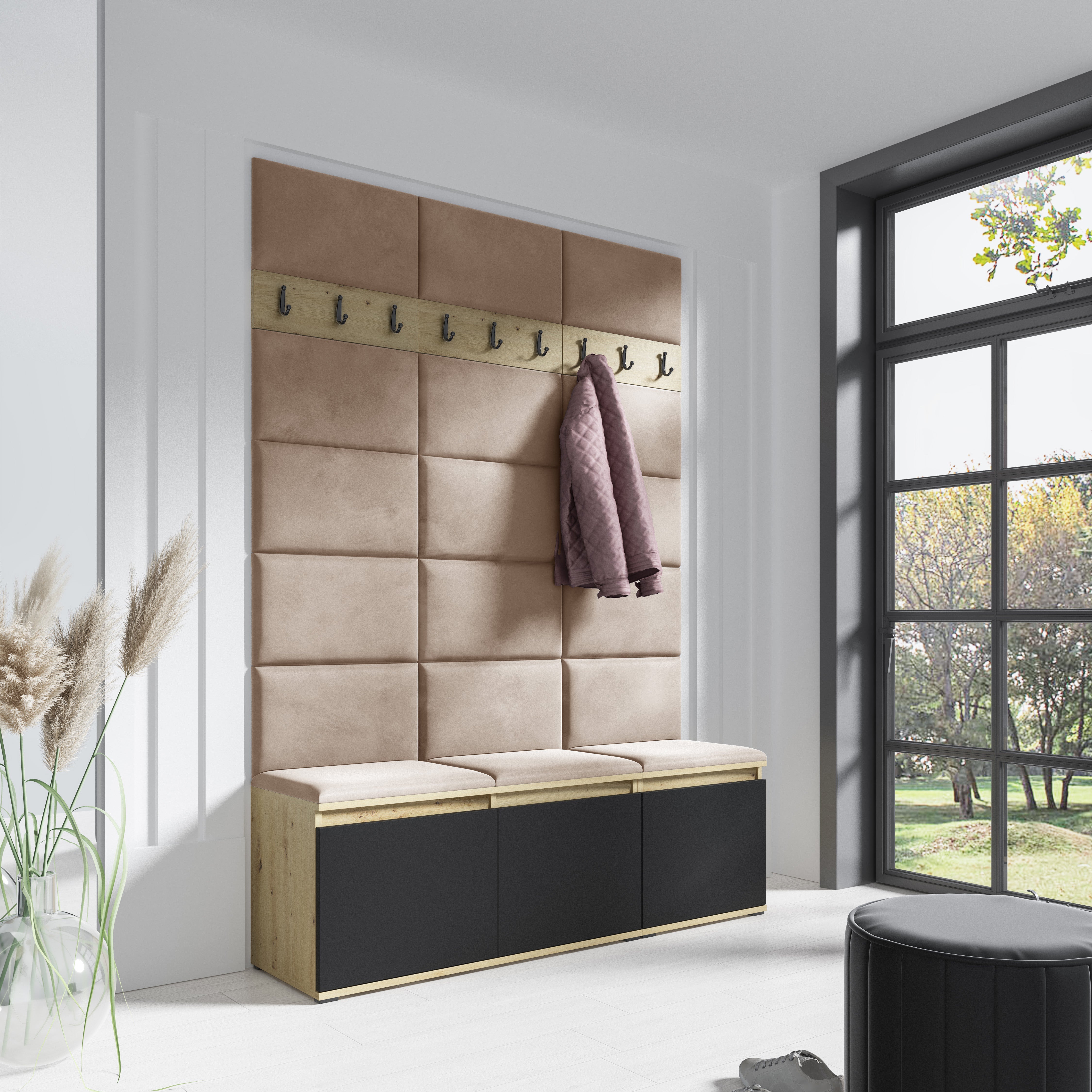 PK Emi 6 Hallway Wardrobe Artisan Oak / Black - Upholstered Panels in Various Colours