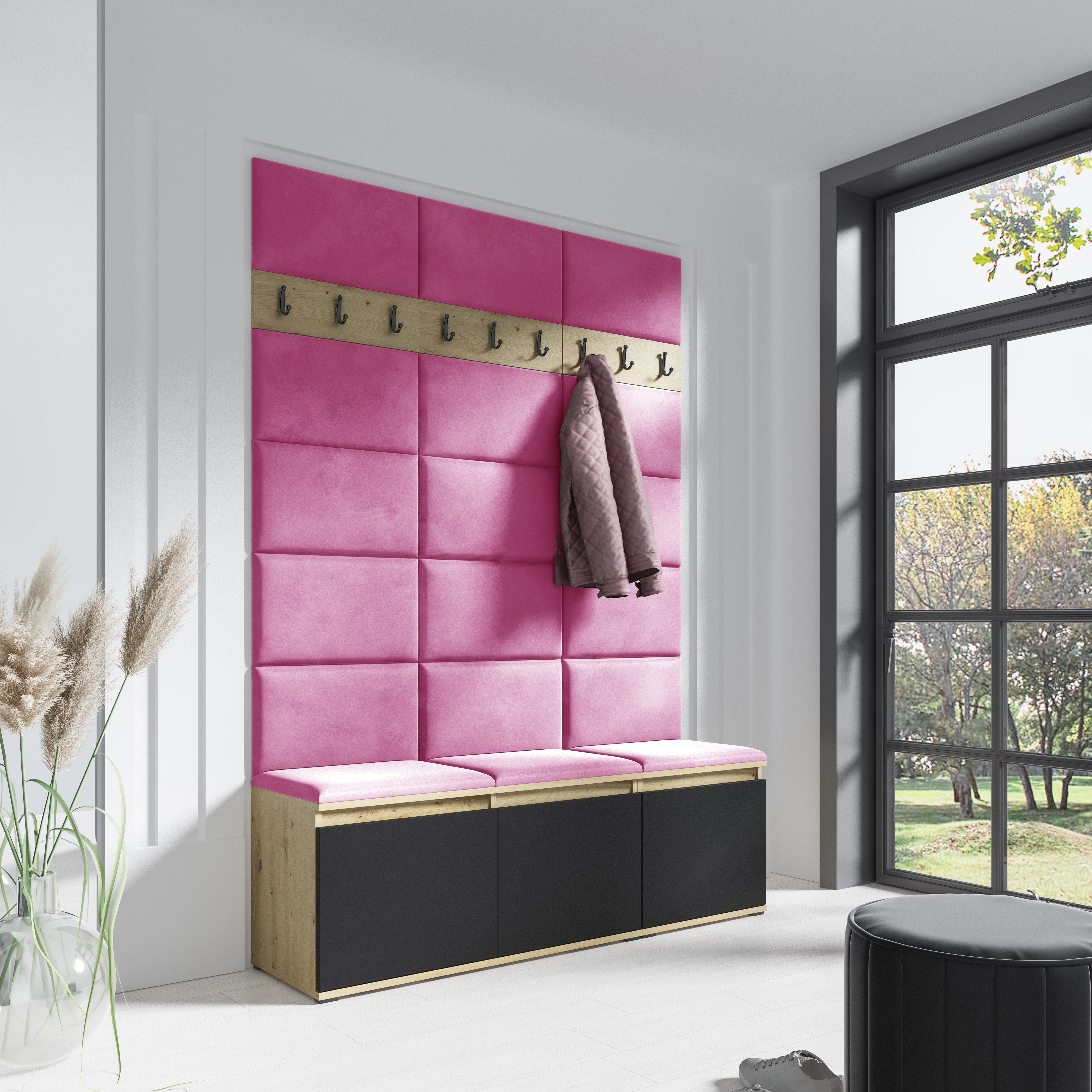 PK Emi 6 Hallway Wardrobe Artisan Oak / Black - Upholstered Panels in Various Colours