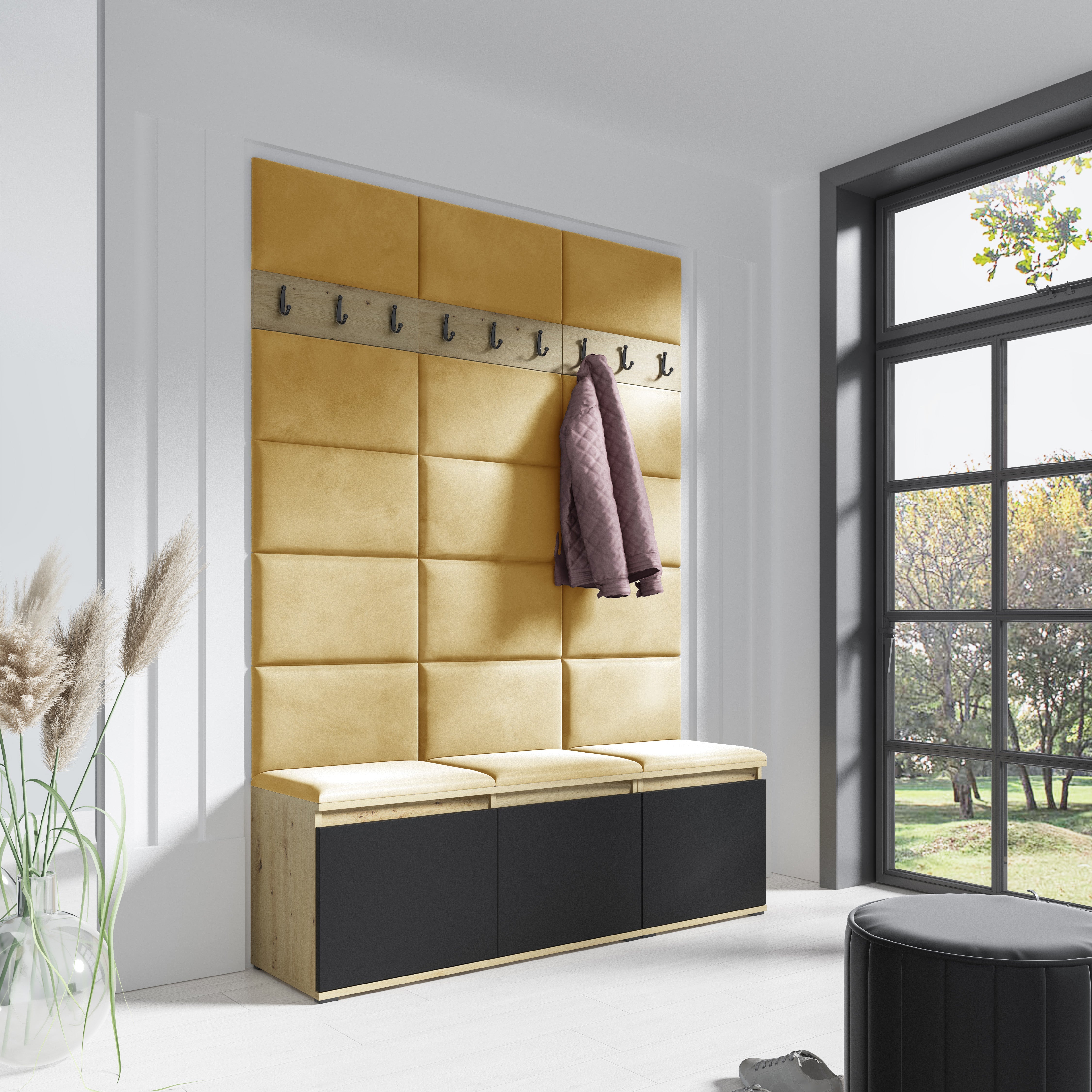 PK Emi 6 Hallway Wardrobe Artisan Oak / Black - Upholstered Panels in Various Colours