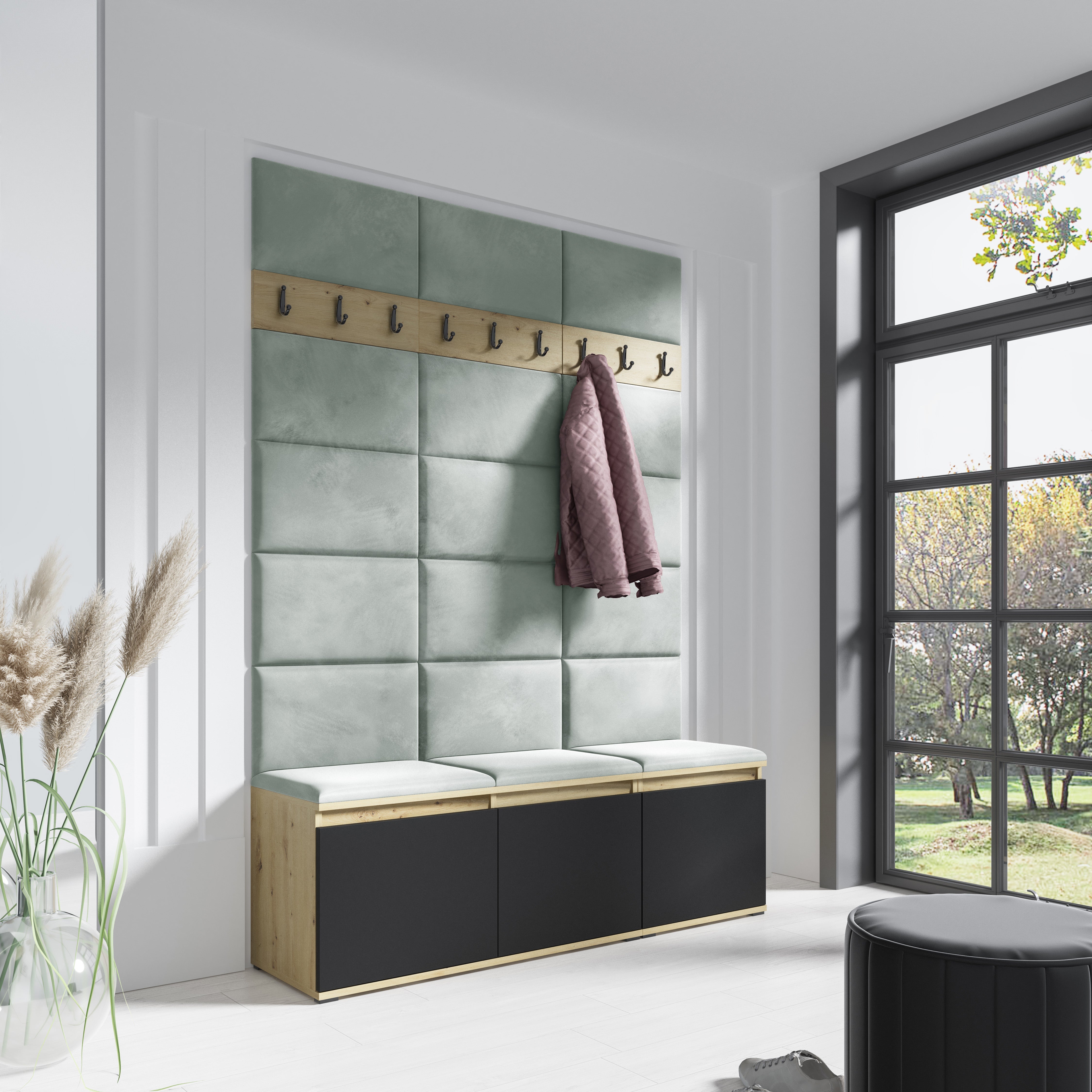 PK Emi 6 Hallway Wardrobe Artisan Oak / Black - Upholstered Panels in Various Colours