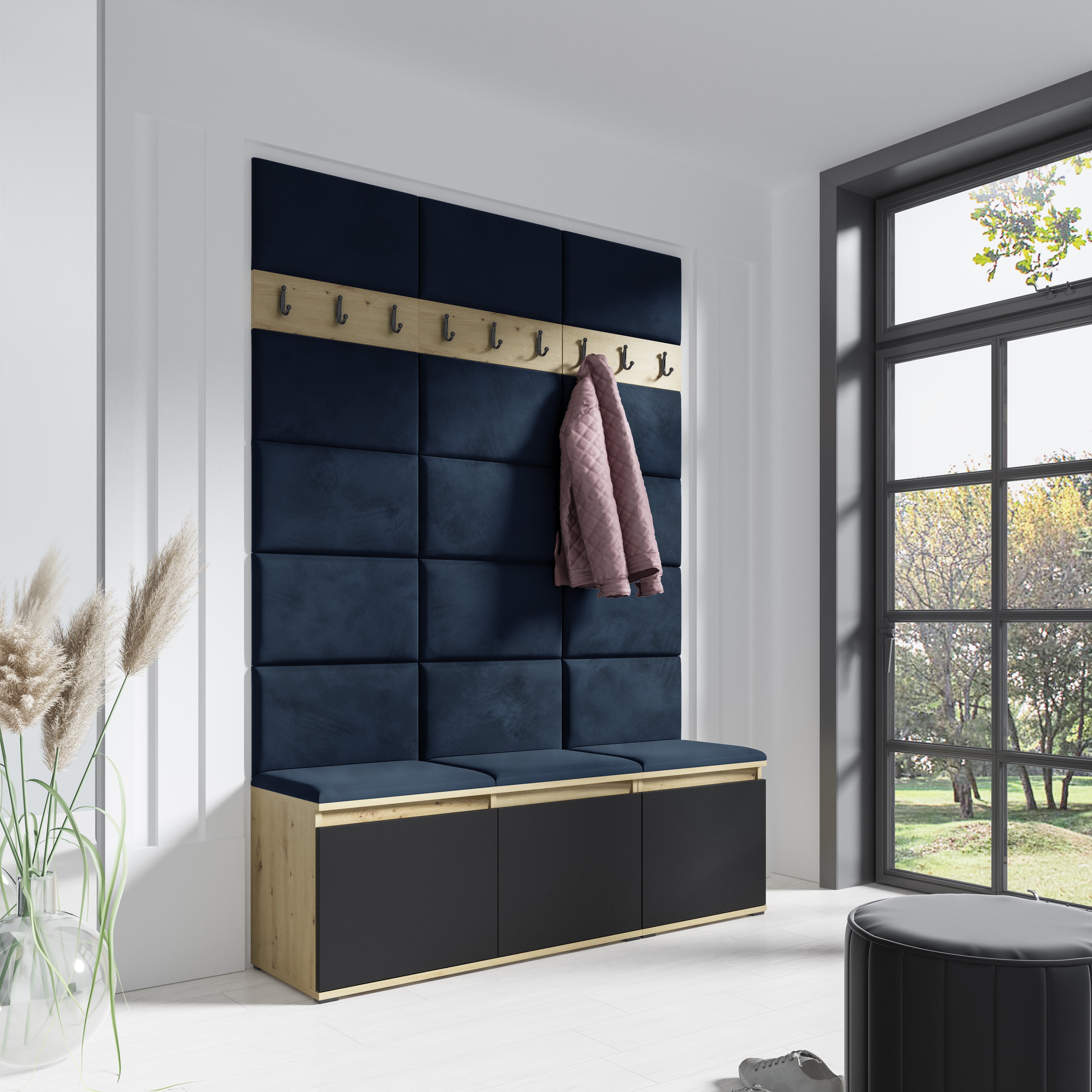 PK Emi 6 Hallway Wardrobe Artisan Oak / Black - Upholstered Panels in Various Colours