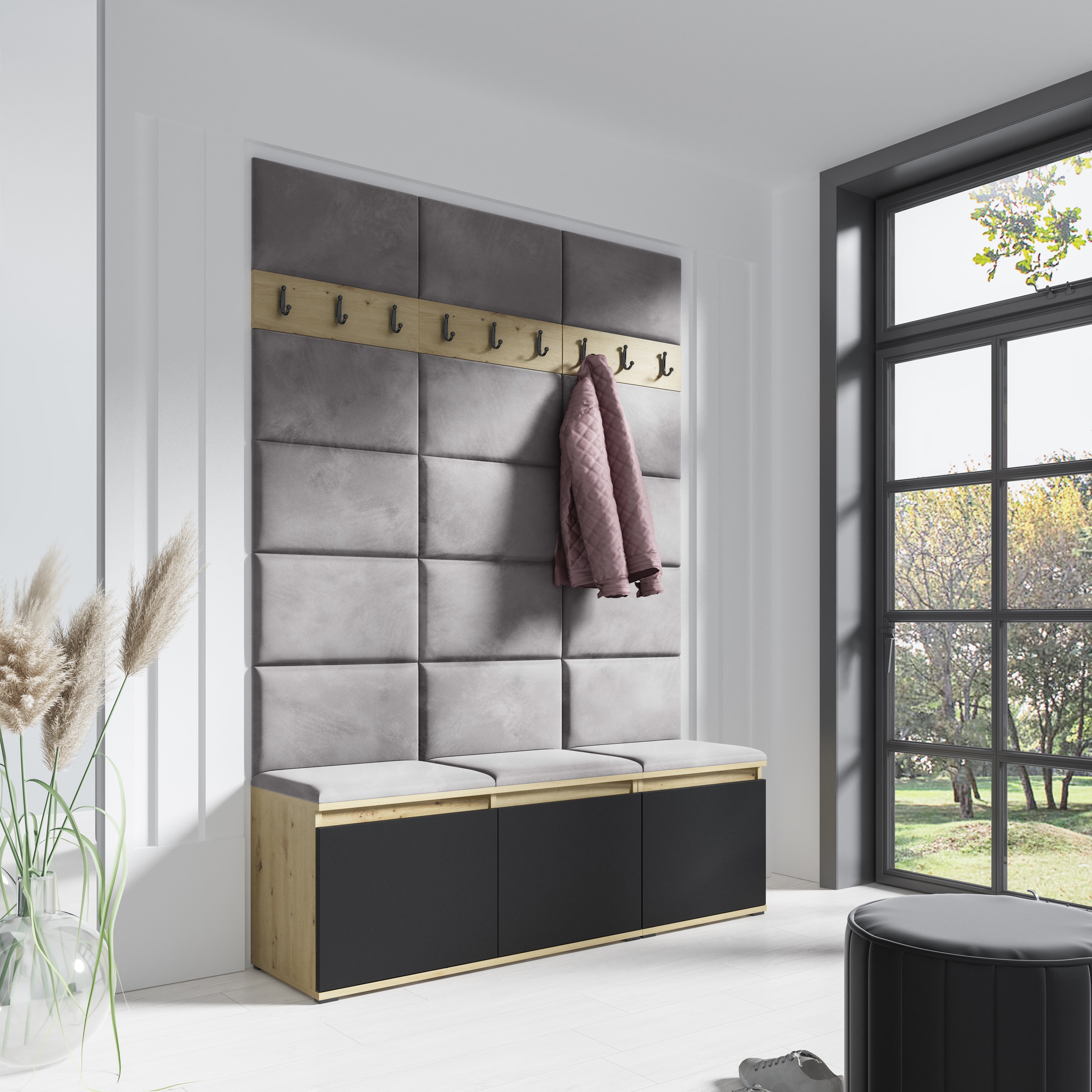 PK Emi 6 Hallway Wardrobe Artisan Oak / Black - Upholstered Panels in Various Colours