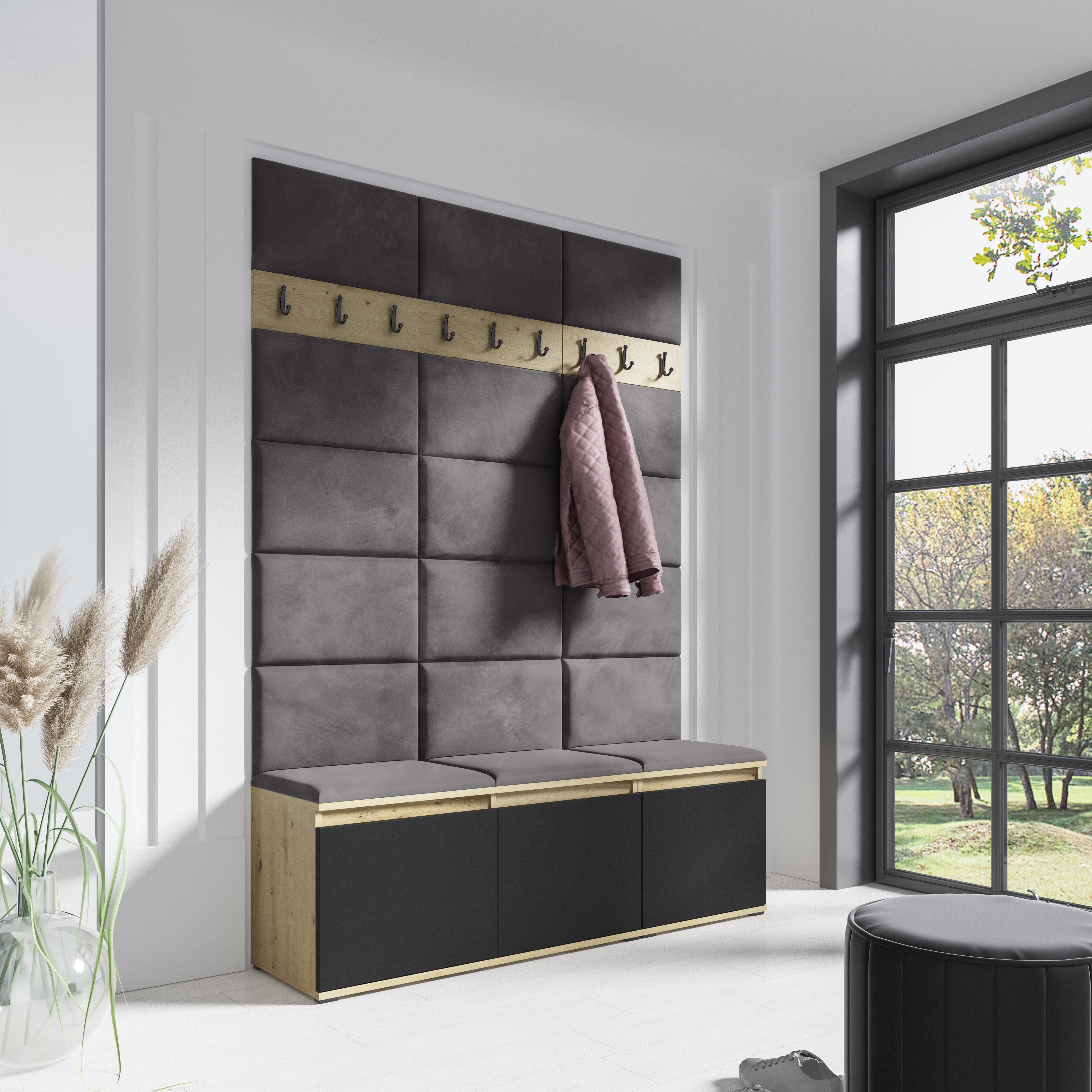 PK Emi 6 Hallway Wardrobe Artisan Oak / Black - Upholstered Panels in Various Colours