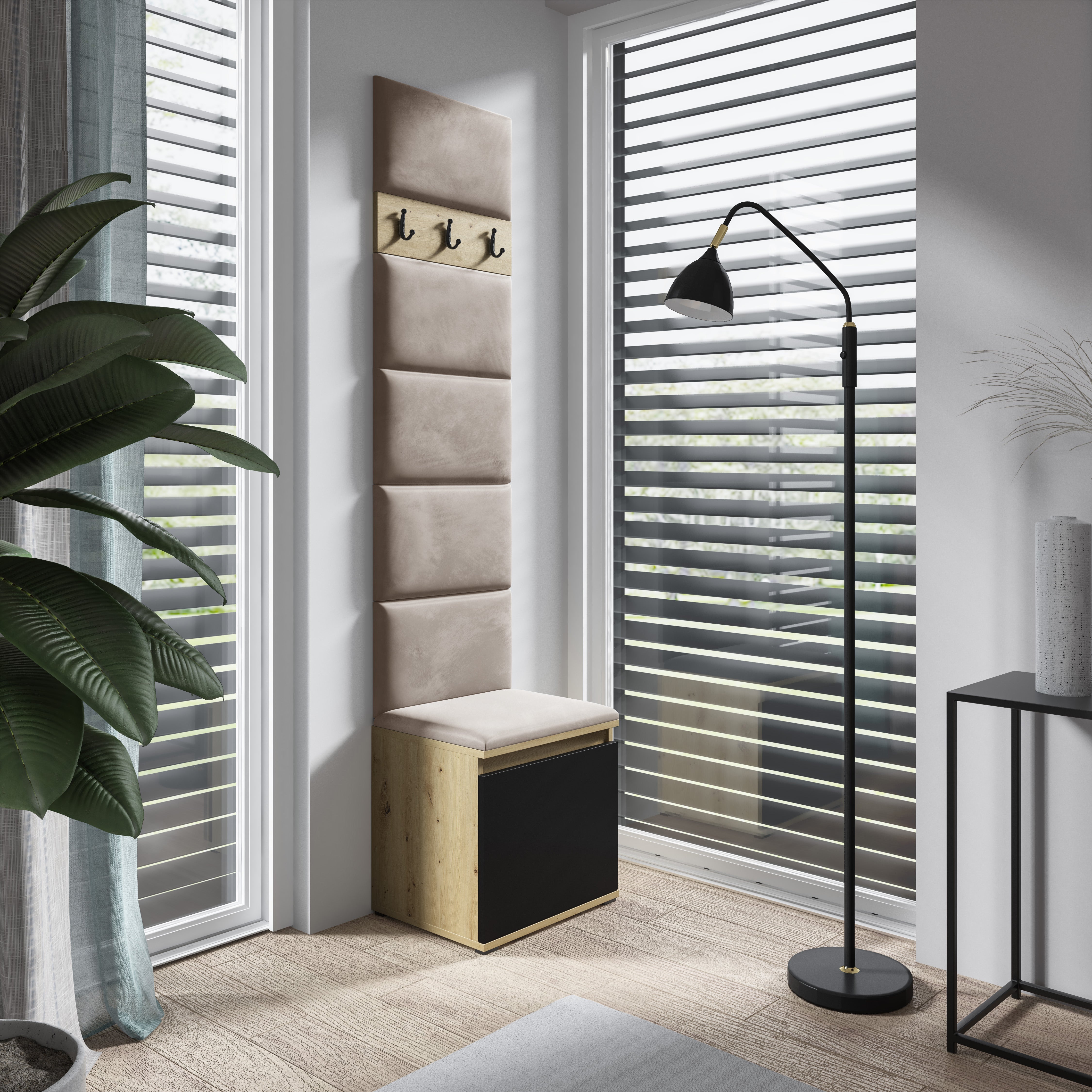 PK Emi 7 Flurgarderobe Artisan Eiche/Schwarz - Polsterpaneele in verschiedenen Farben