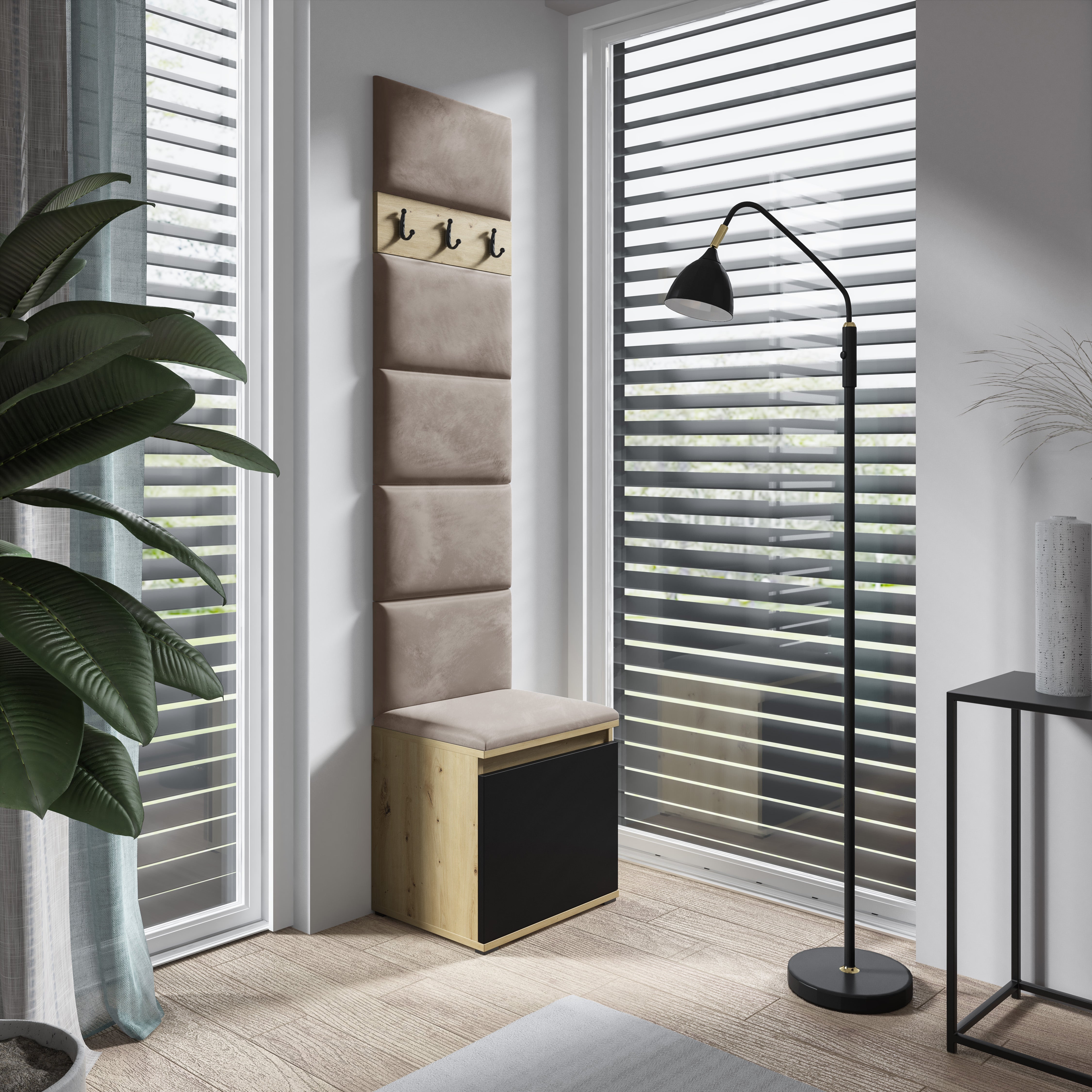 PK Emi 7 Flurgarderobe Artisan Eiche/Schwarz - Polsterpaneele in verschiedenen Farben