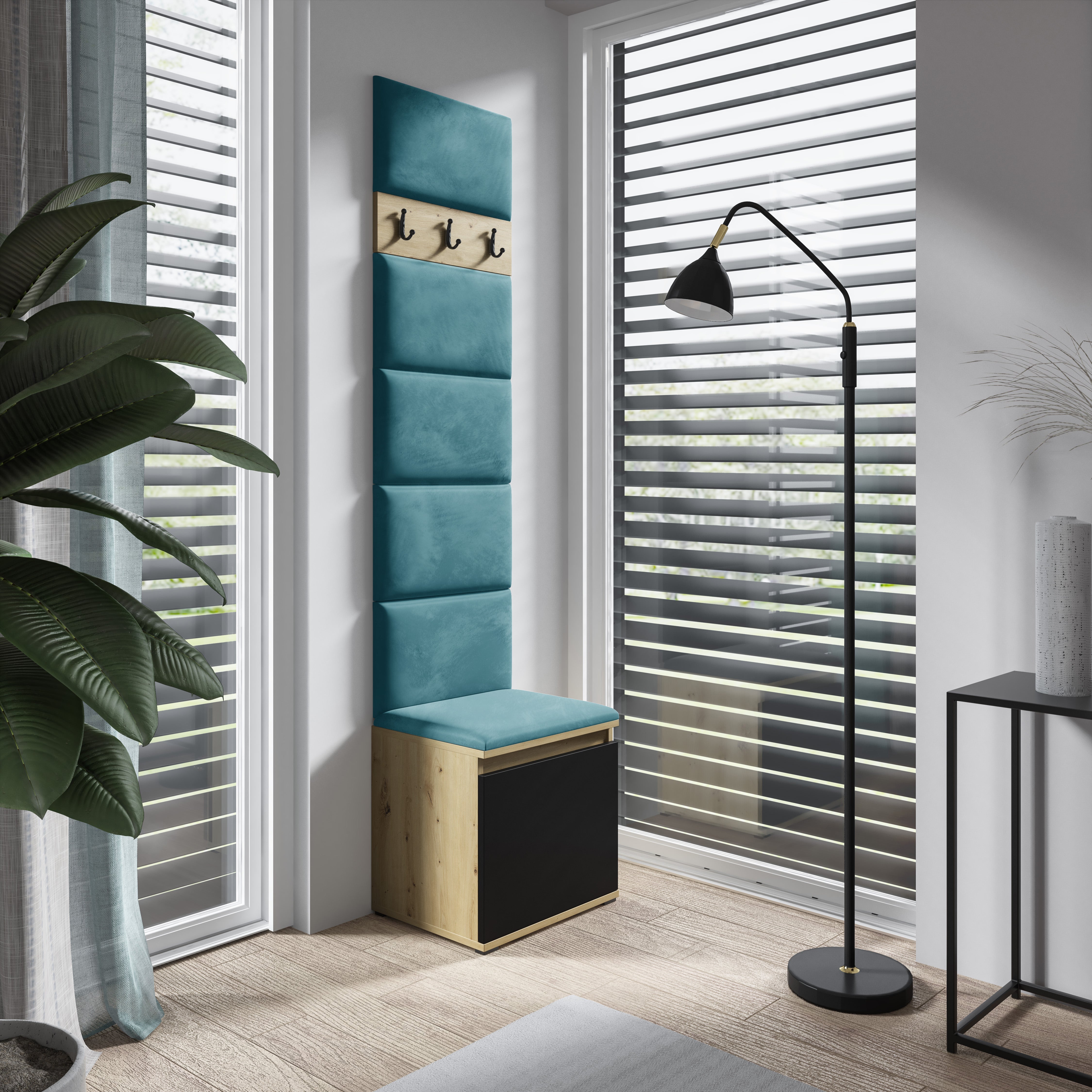 PK Emi 7 Flurgarderobe Artisan Eiche/Schwarz - Polsterpaneele in verschiedenen Farben