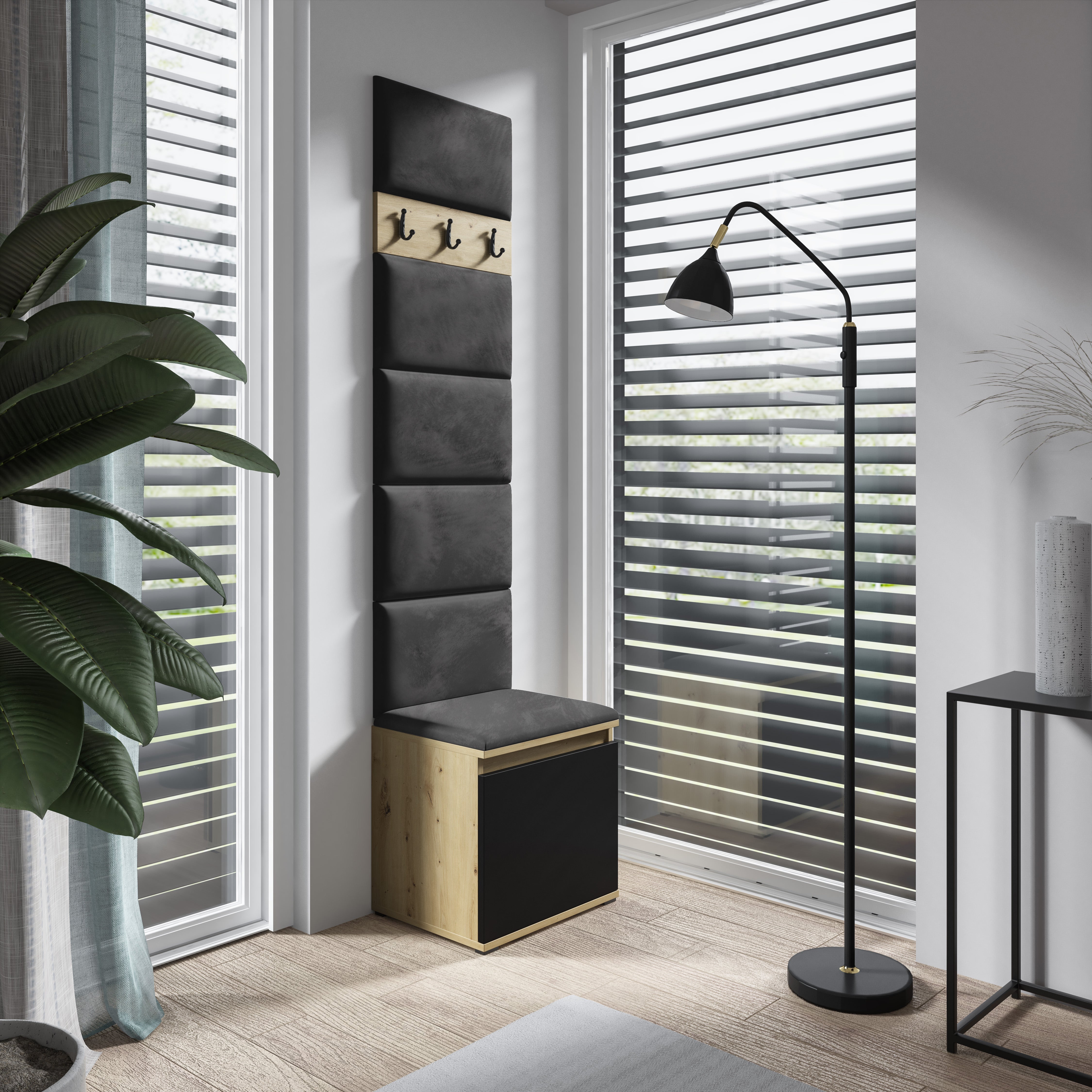 PK Emi 7 Flurgarderobe Artisan Eiche/Schwarz - Polsterpaneele in verschiedenen Farben