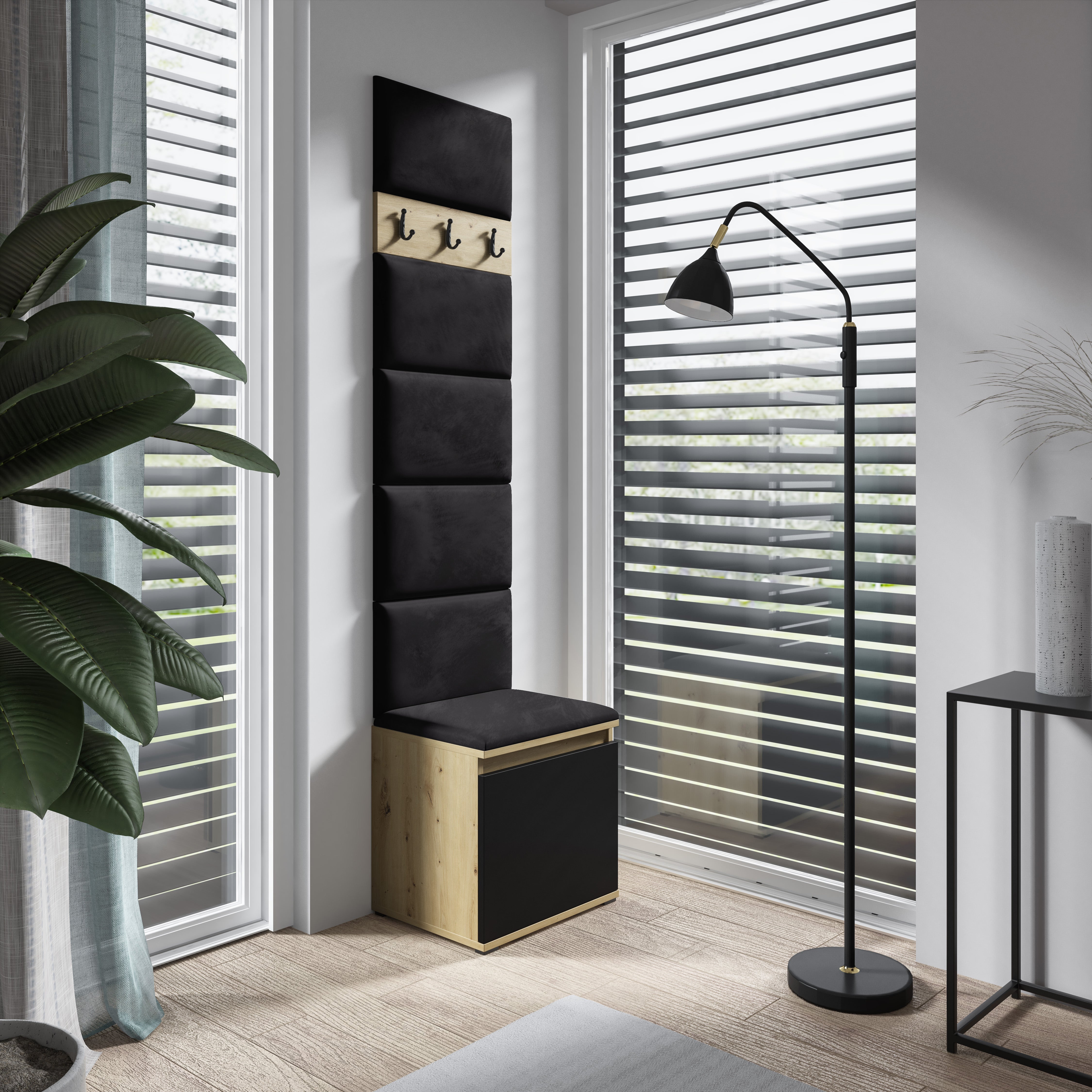PK Emi 7 Flurgarderobe Artisan Eiche/Schwarz - Polsterpaneele in verschiedenen Farben