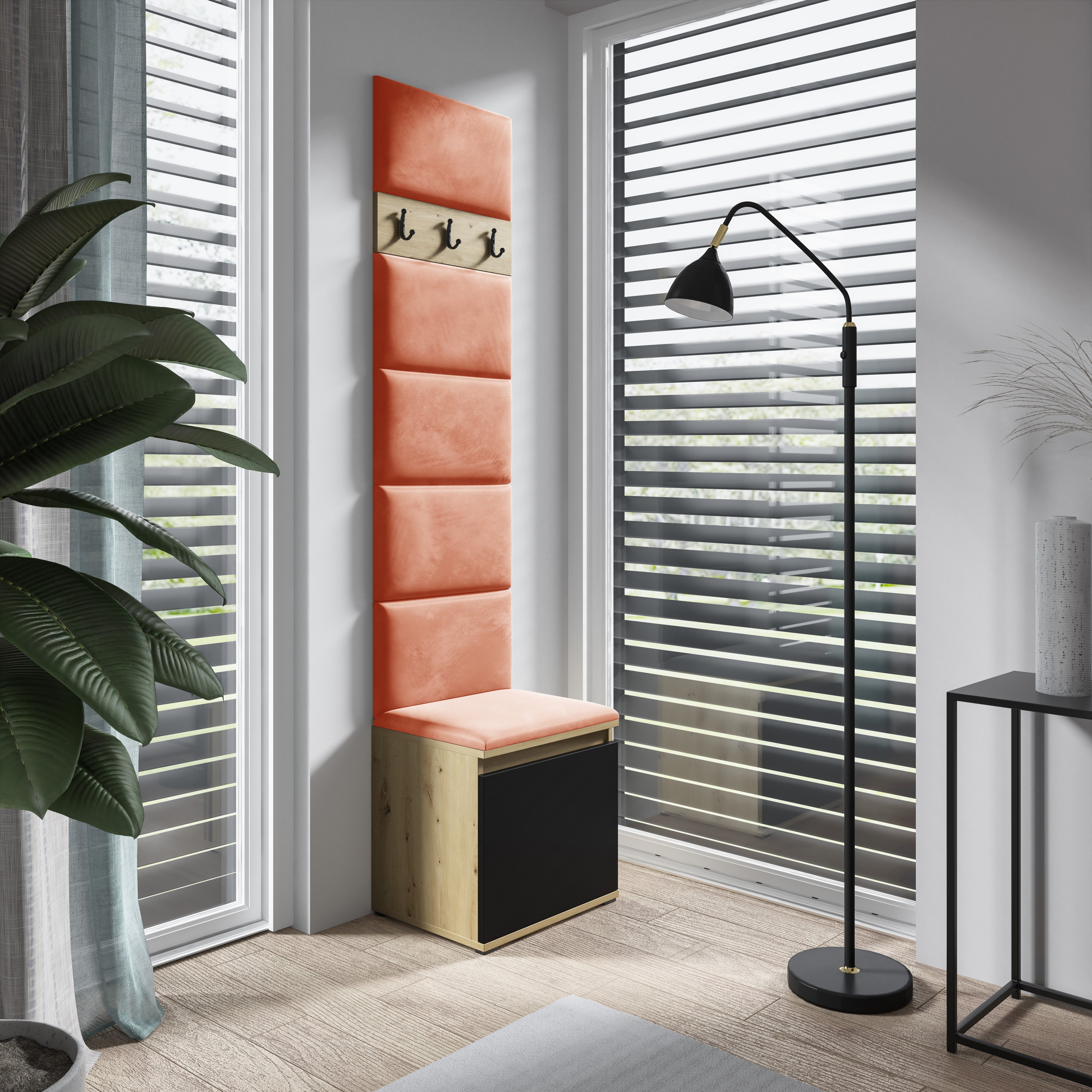 PK Emi 7 Flurgarderobe Artisan Eiche/Schwarz - Polsterpaneele in verschiedenen Farben