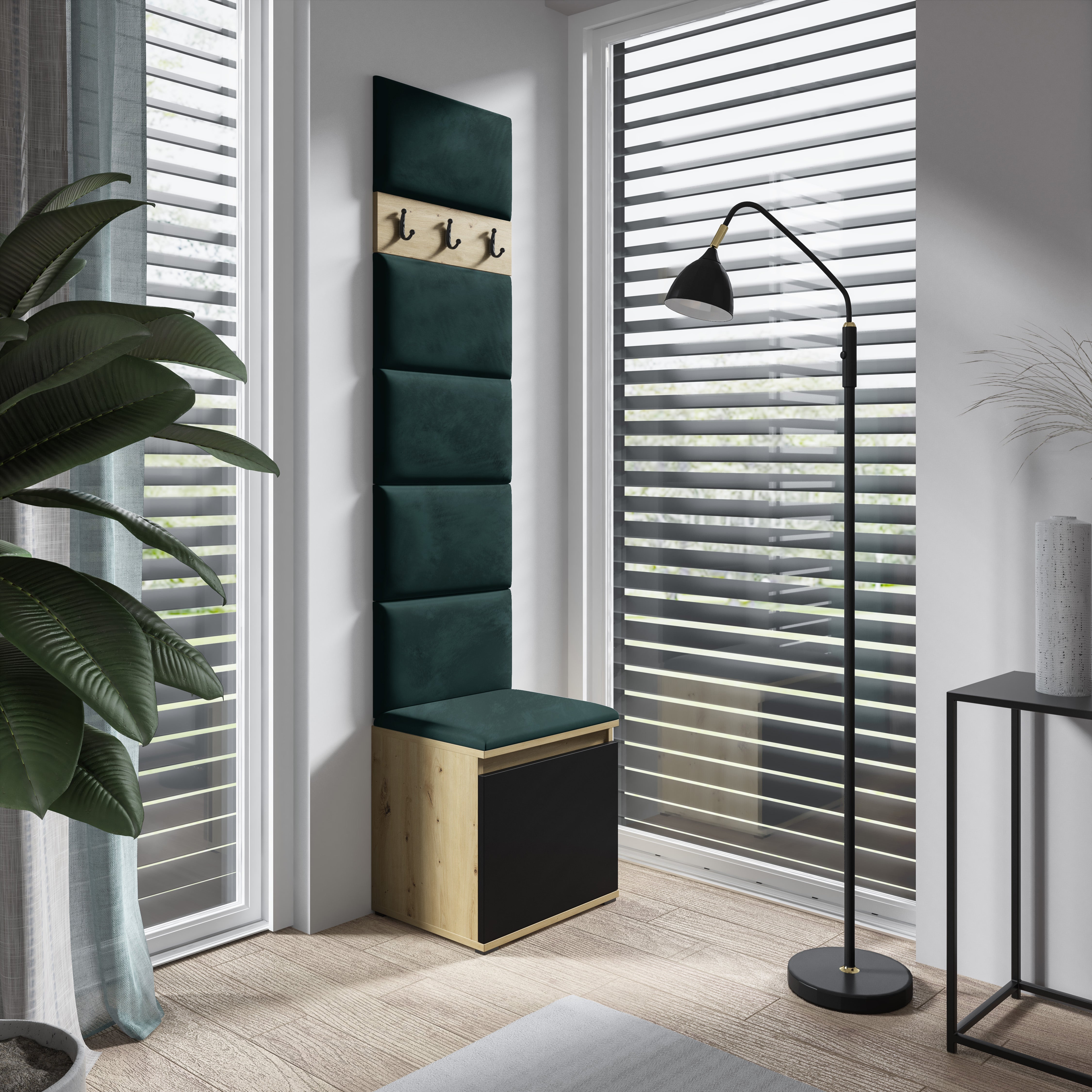 PK Emi 7 Flurgarderobe Artisan Eiche/Schwarz - Polsterpaneele in verschiedenen Farben