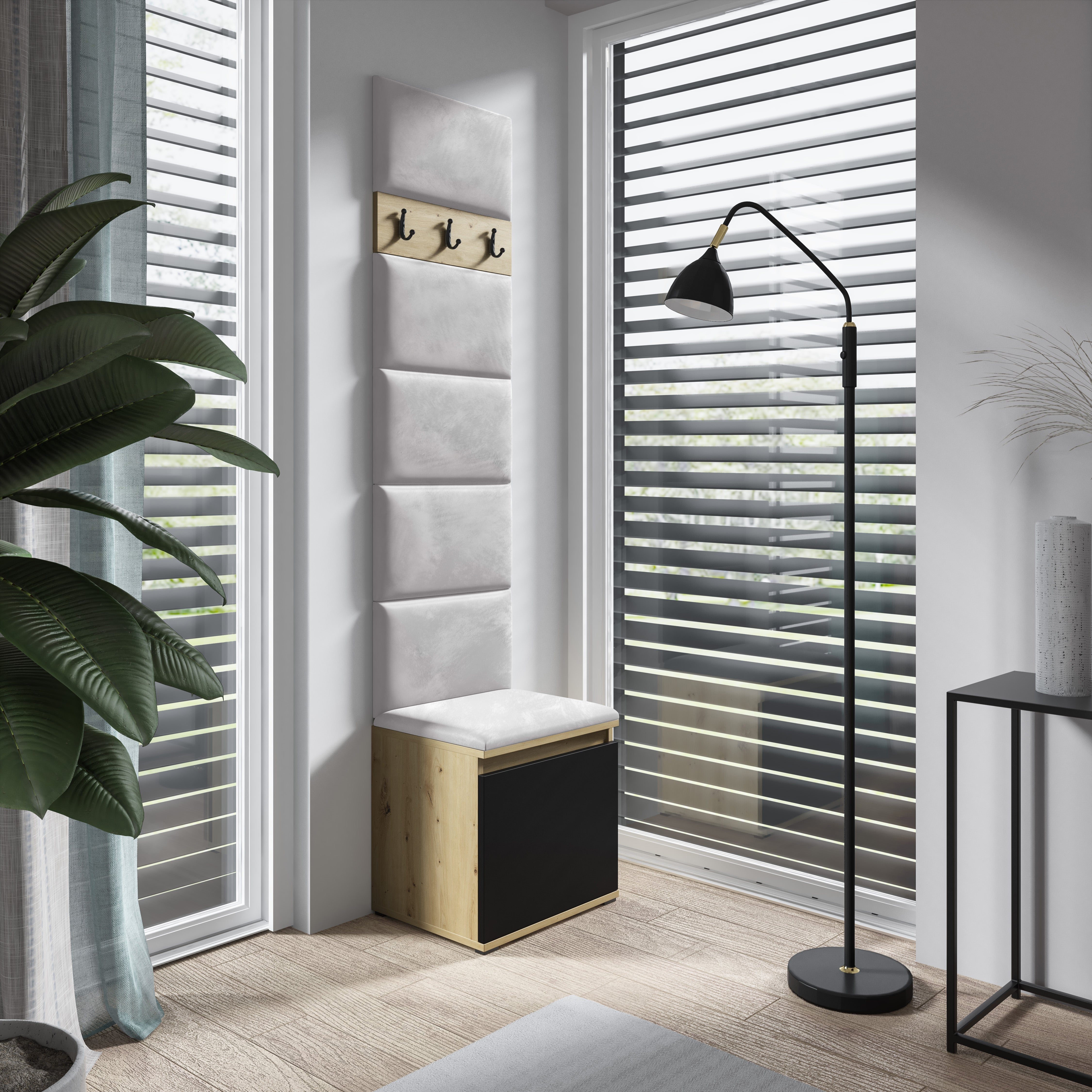 PK Emi 7 Flurgarderobe Artisan Eiche/Schwarz - Polsterpaneele in verschiedenen Farben